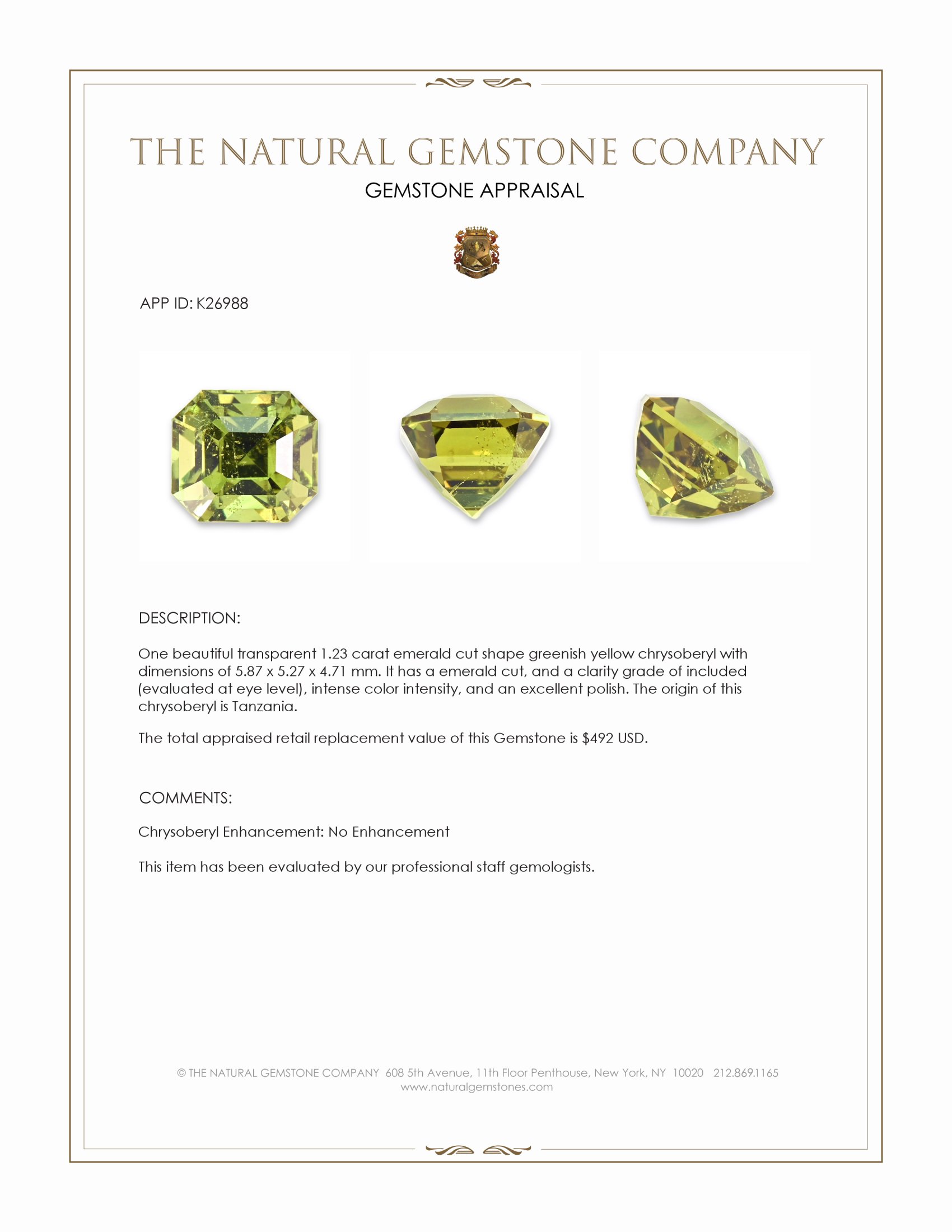 1.23 Ct. Greenish Yellow Chrysoberyl from Tanzania