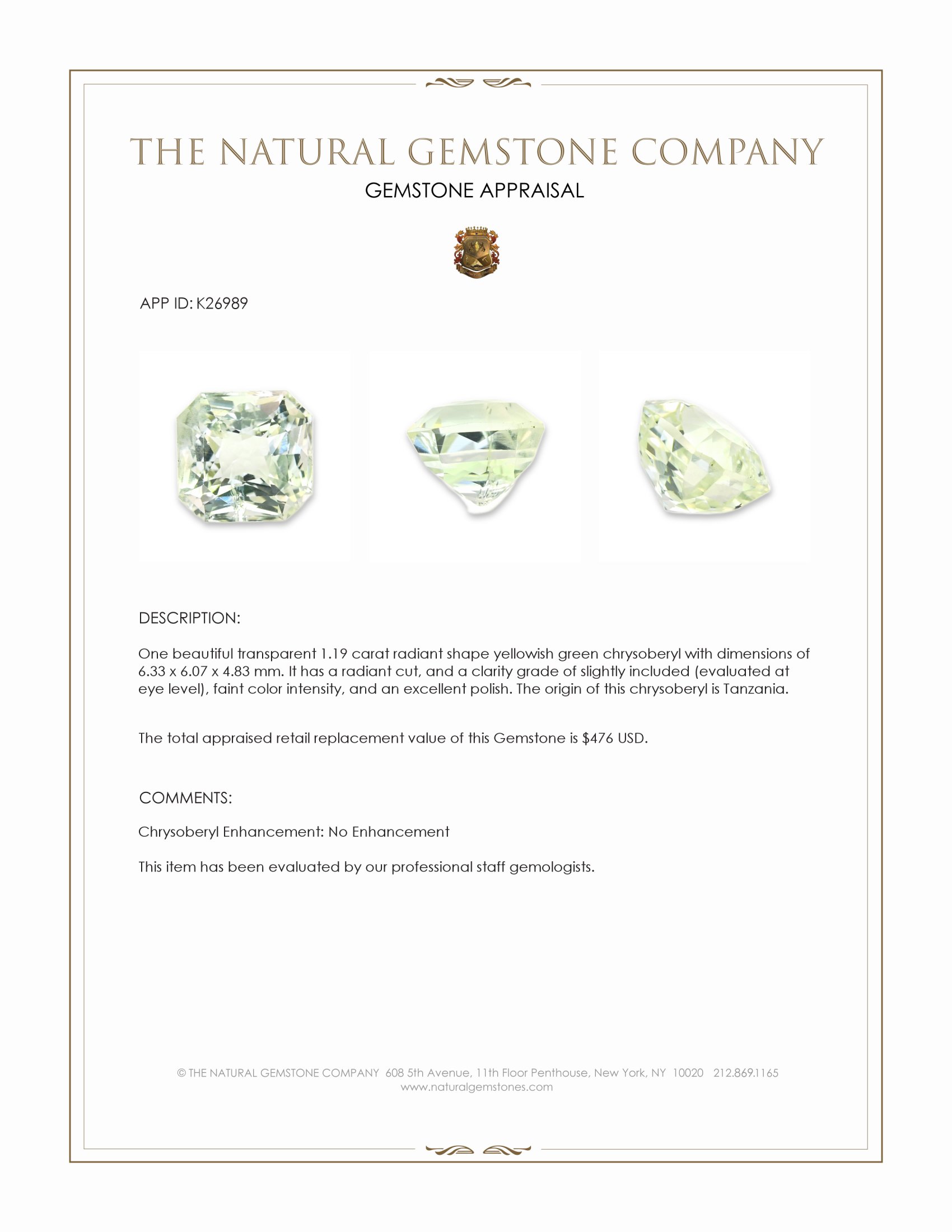 1.19 Ct. Yellowish Green Chrysoberyl from Tanzania