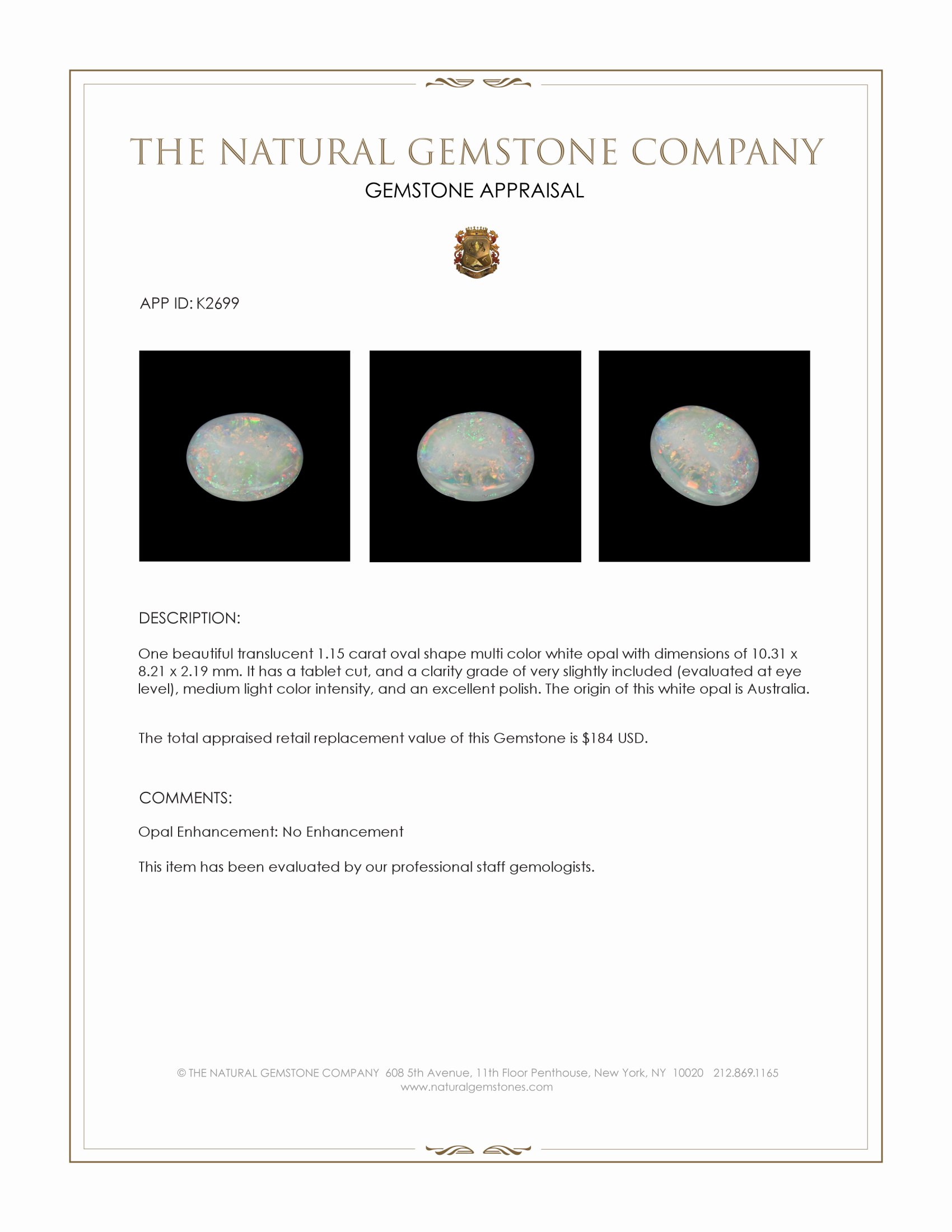 1.15 Ct. White Opal from Australia