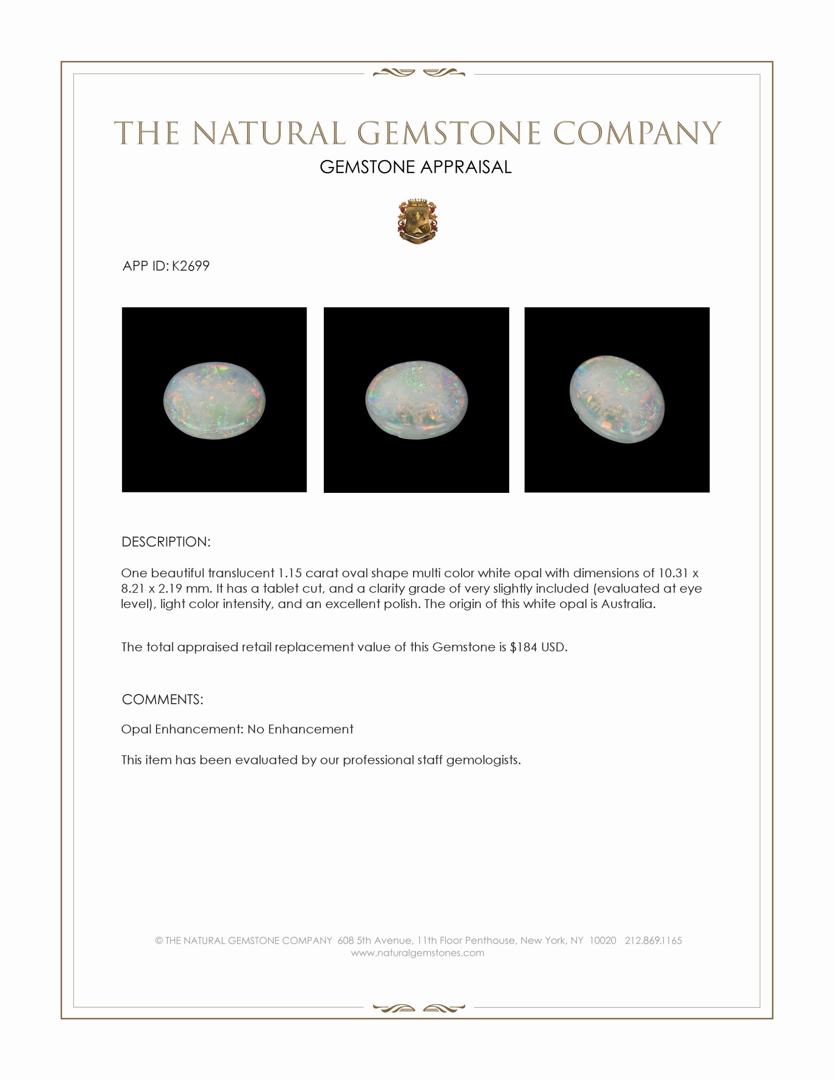 1.15 Ct. White Opal from Australia