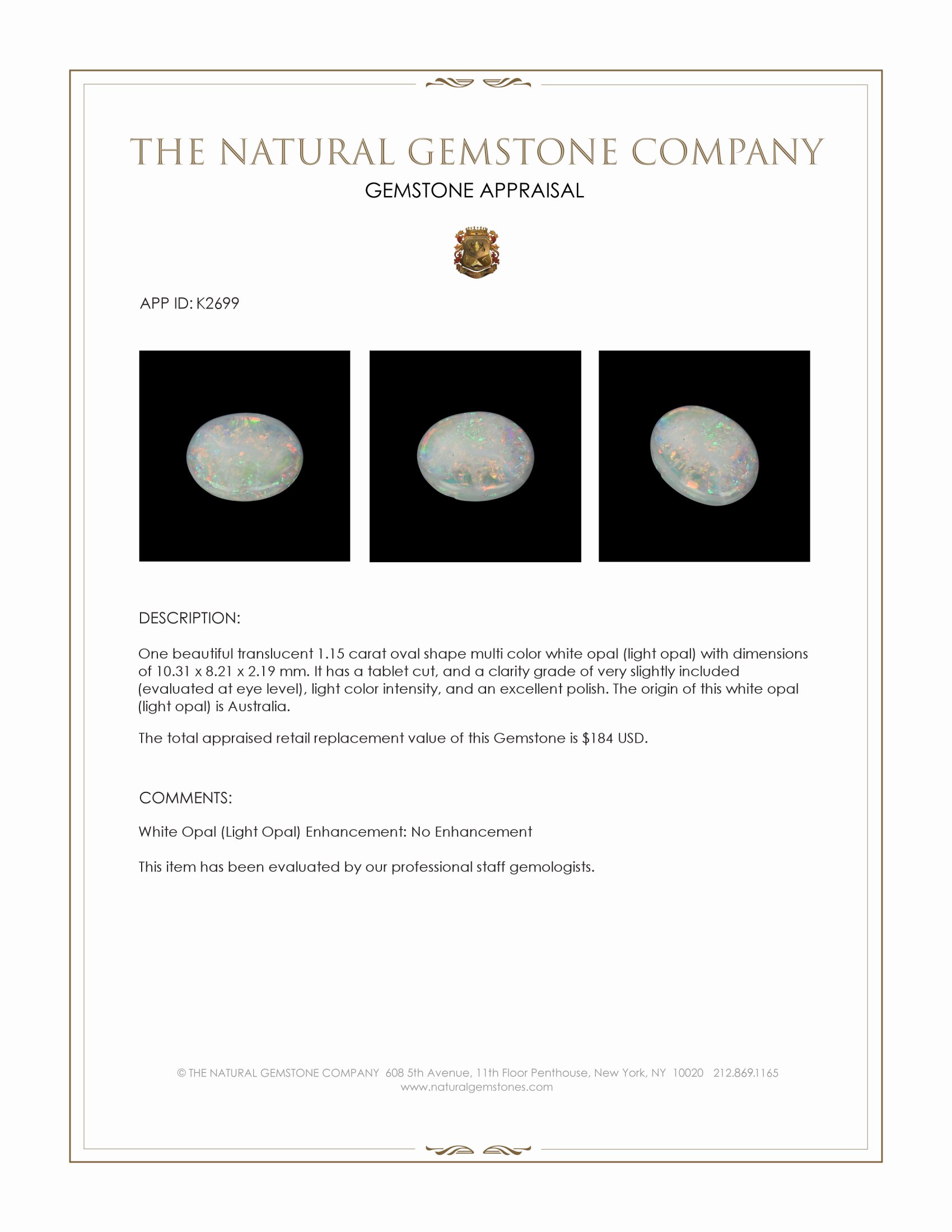 1.15 Ct. Multi Color White Opal (Light Opal) from Australia