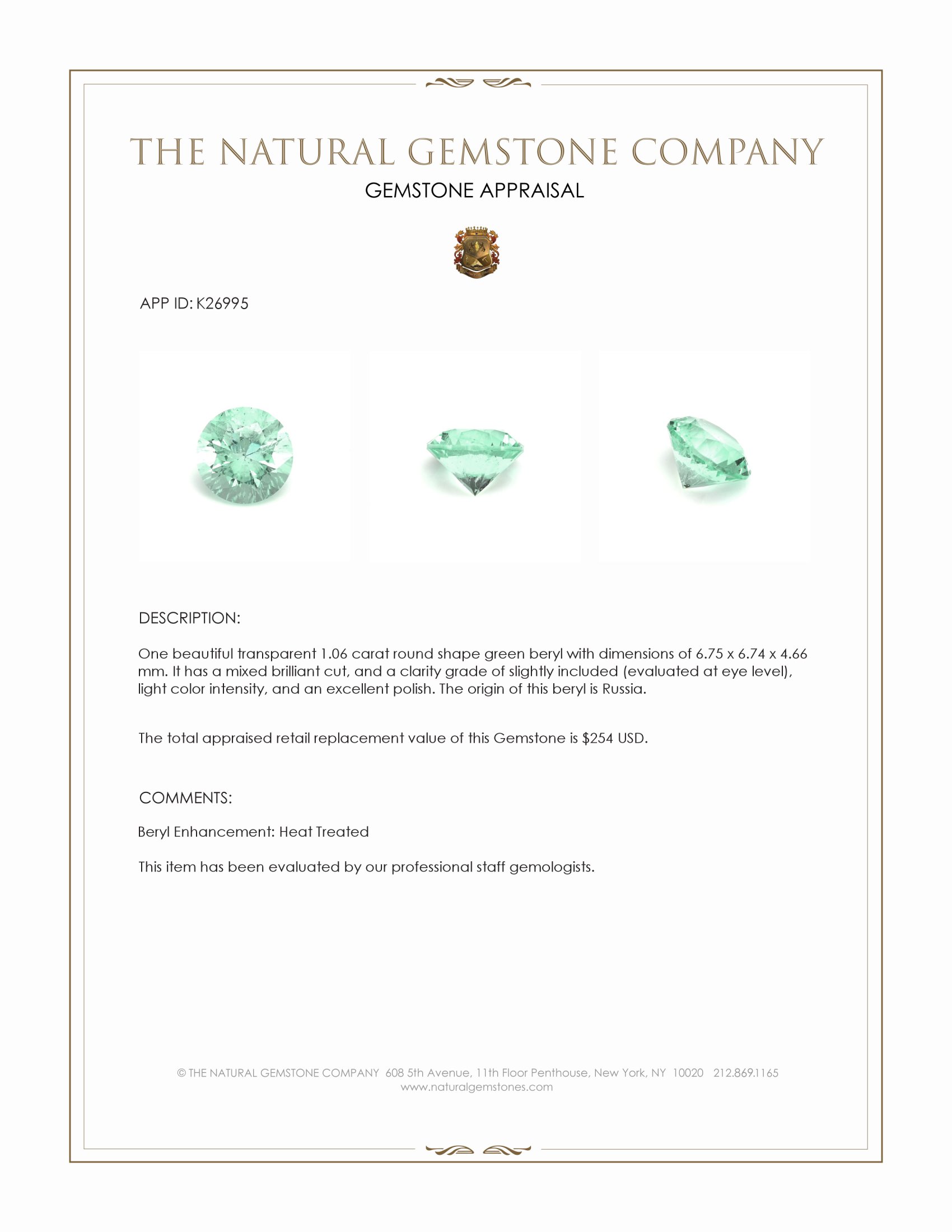 1.06 Ct. Green Beryl from Russia