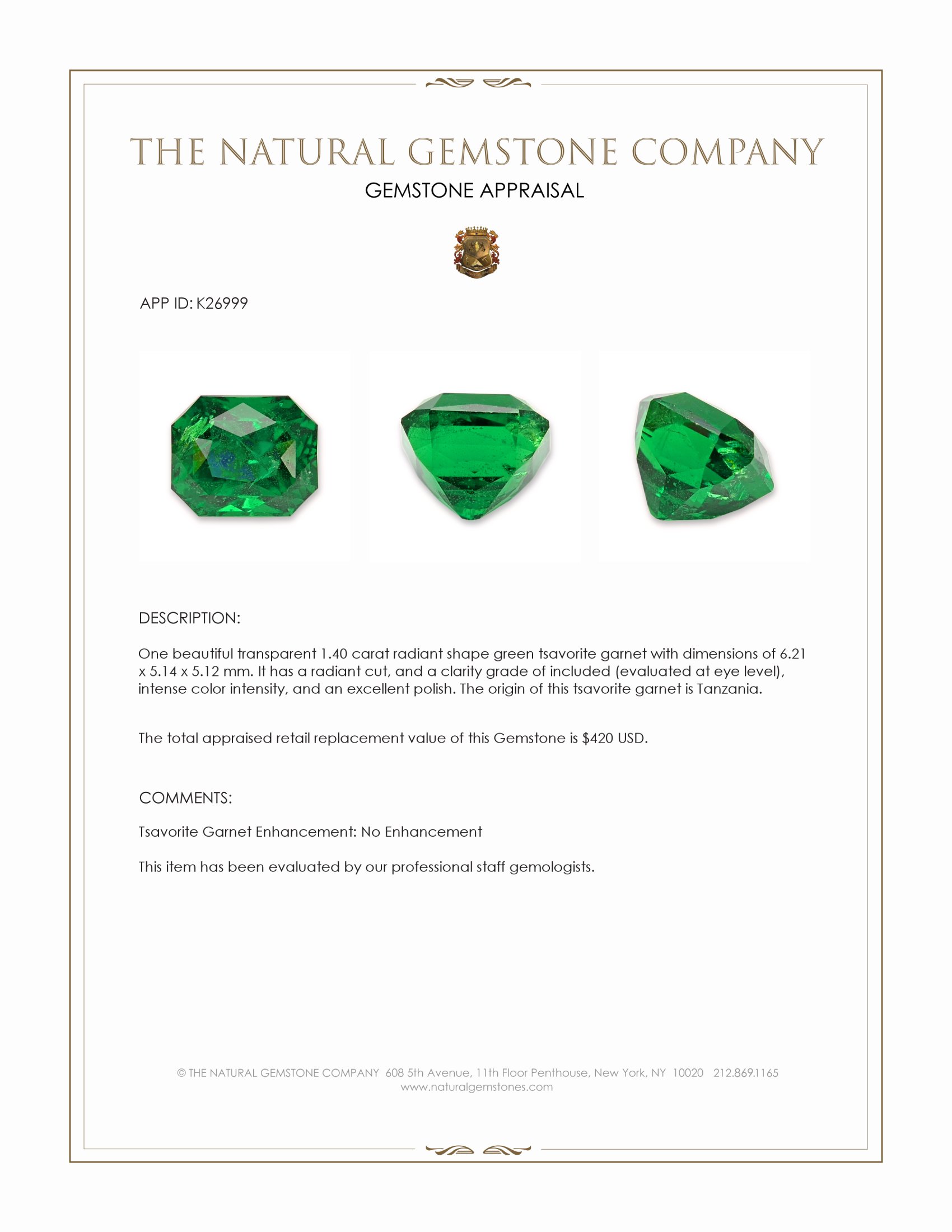 1.40 Ct. Tsavorite Garnet from Tanzania