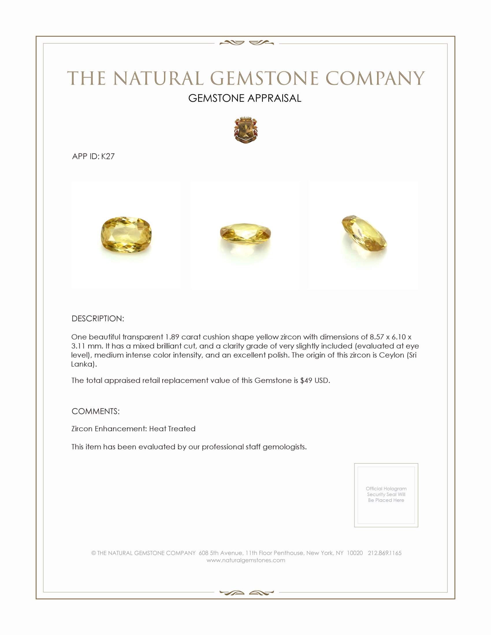 1.89 Ct. Yellow Zircon from Ceylon (Sri Lanka)