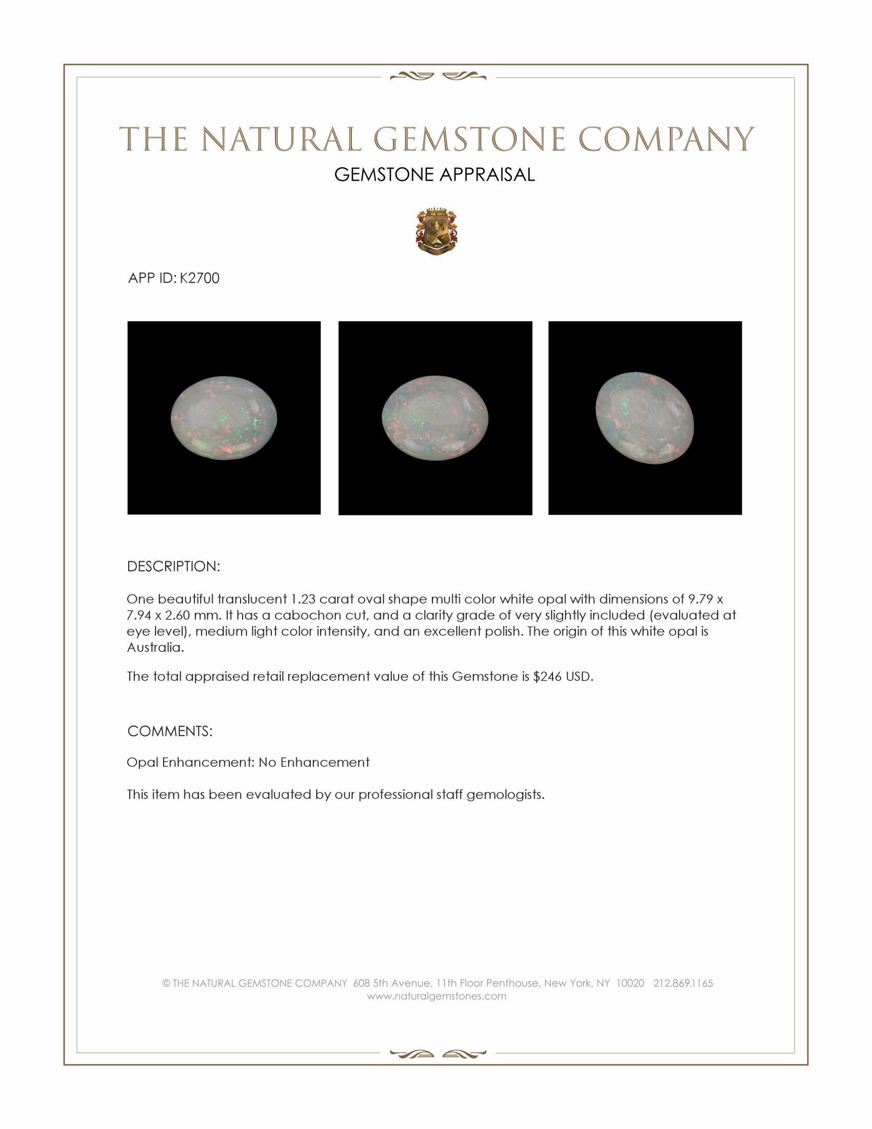 1.23 Ct. Cabochon White Opal from Australia