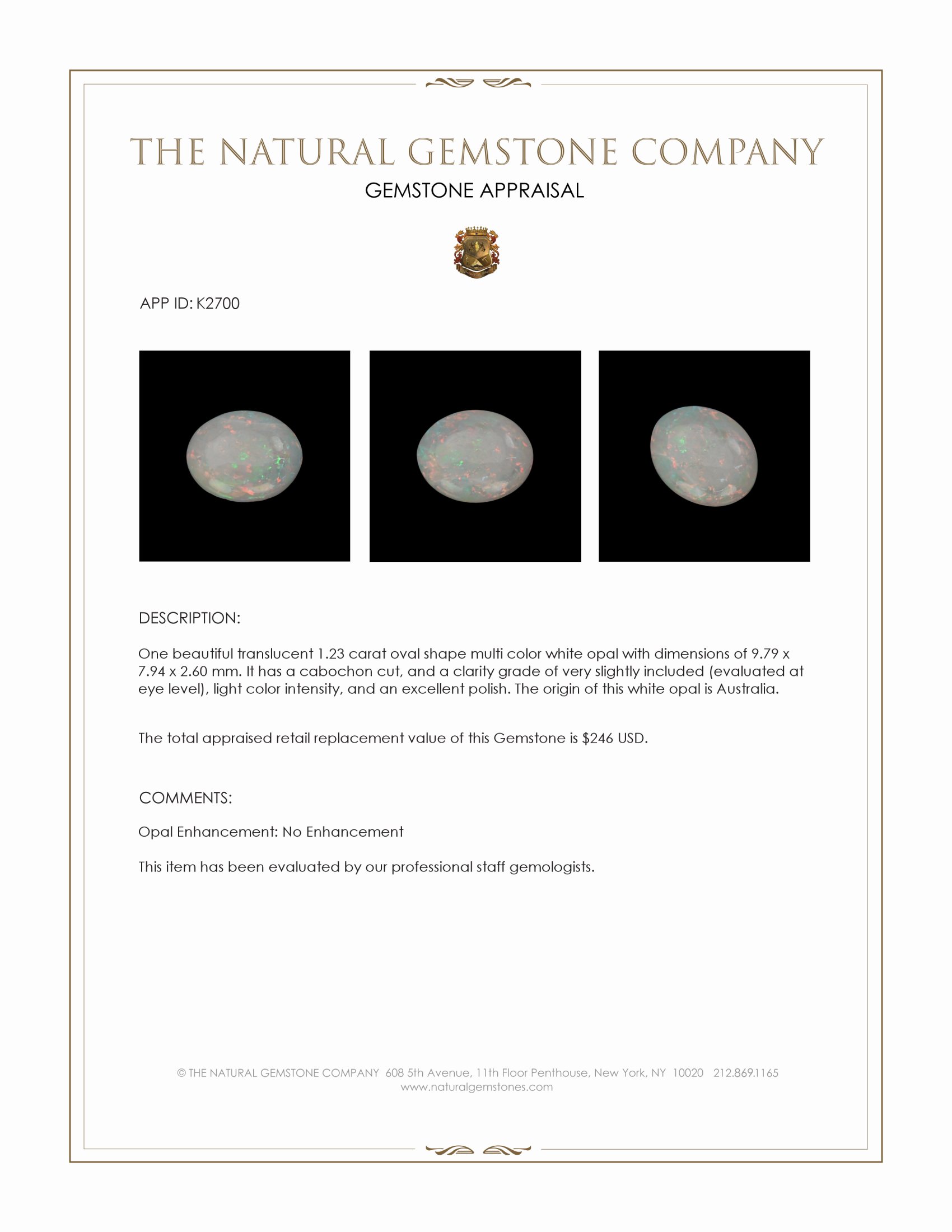 1.23 Ct. Cabochon White Opal from Australia