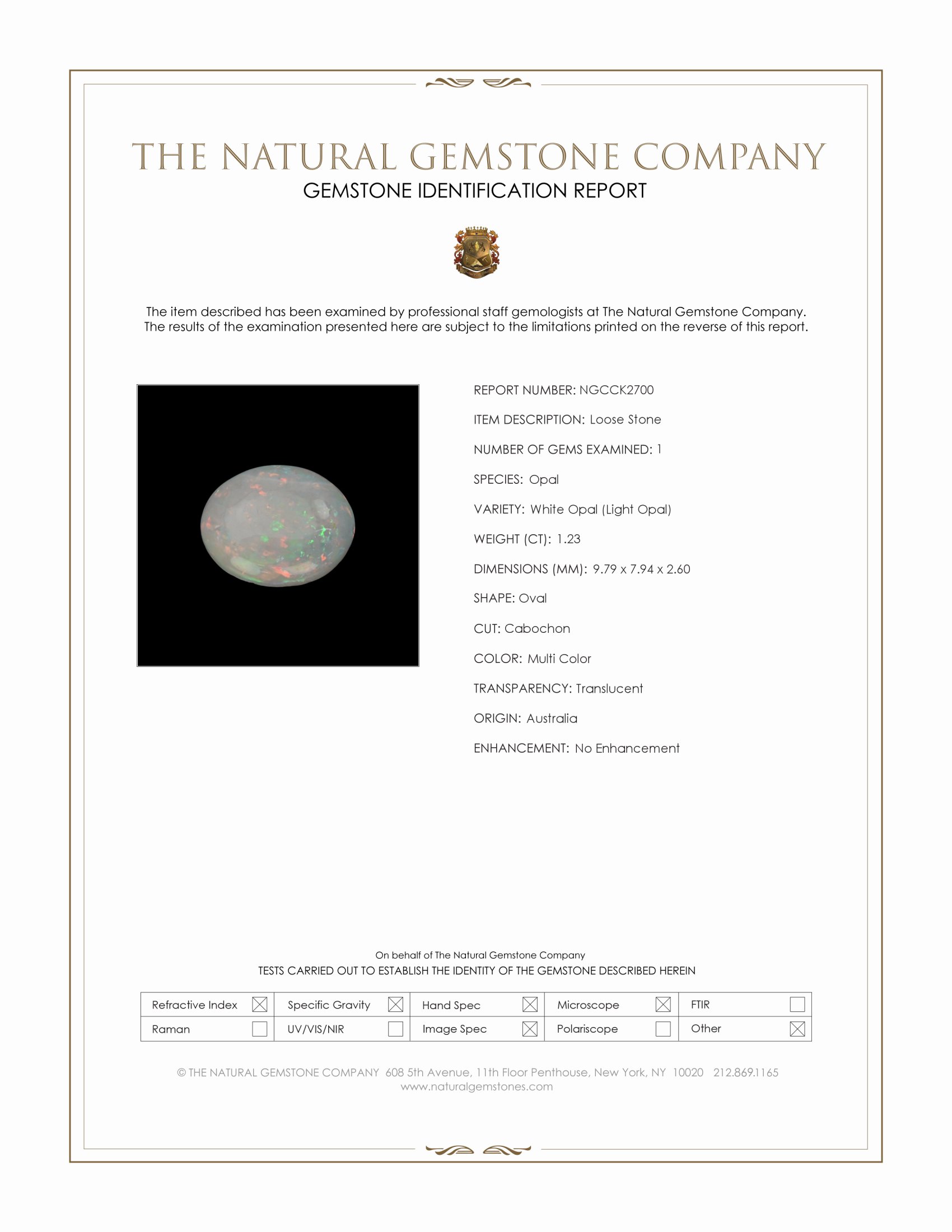 1.23 Ct. Multi Color Cabochon White Opal (Light Opal) from Australia