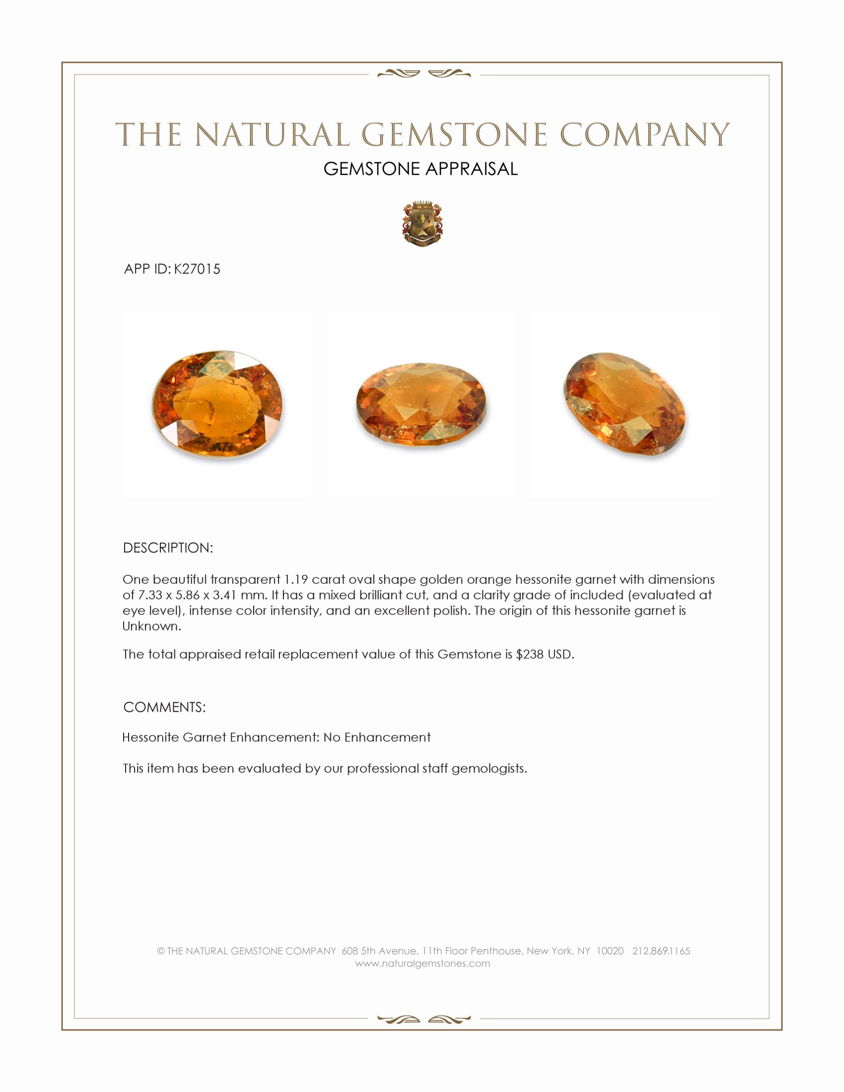 1.19 Ct. Golden Orange Hessonite Garnet