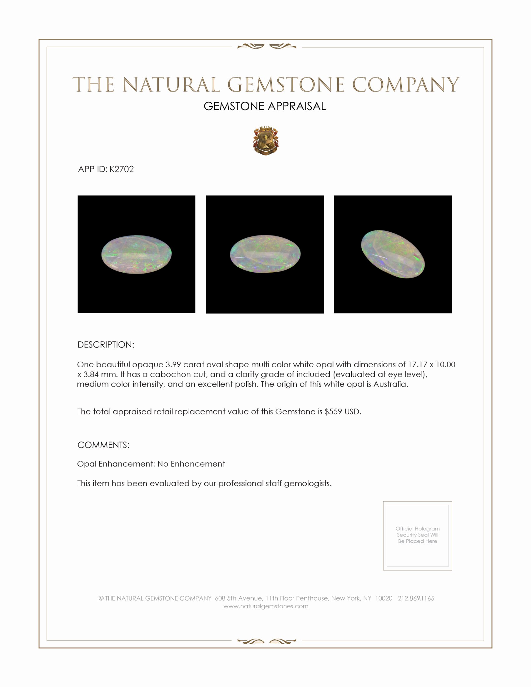 3.99 Ct. Cabochon White Opal from Australia