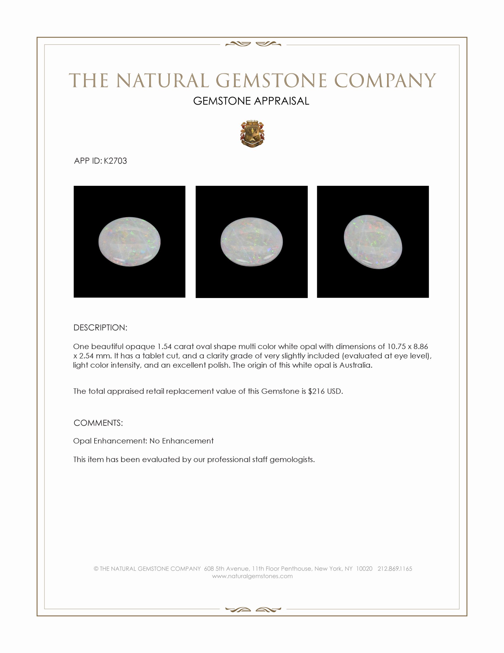 1.54 Ct. White Opal from Australia