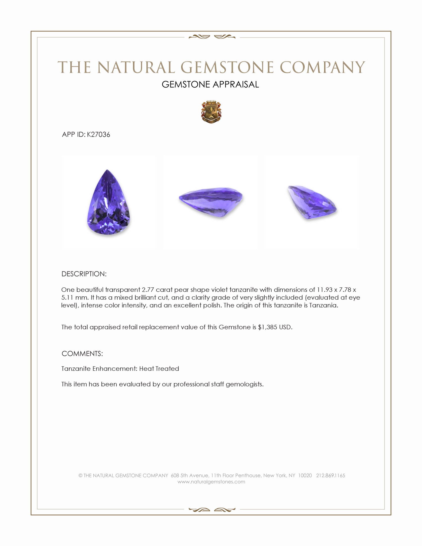 2.77 Ct. Violet Tanzanite from Tanzania