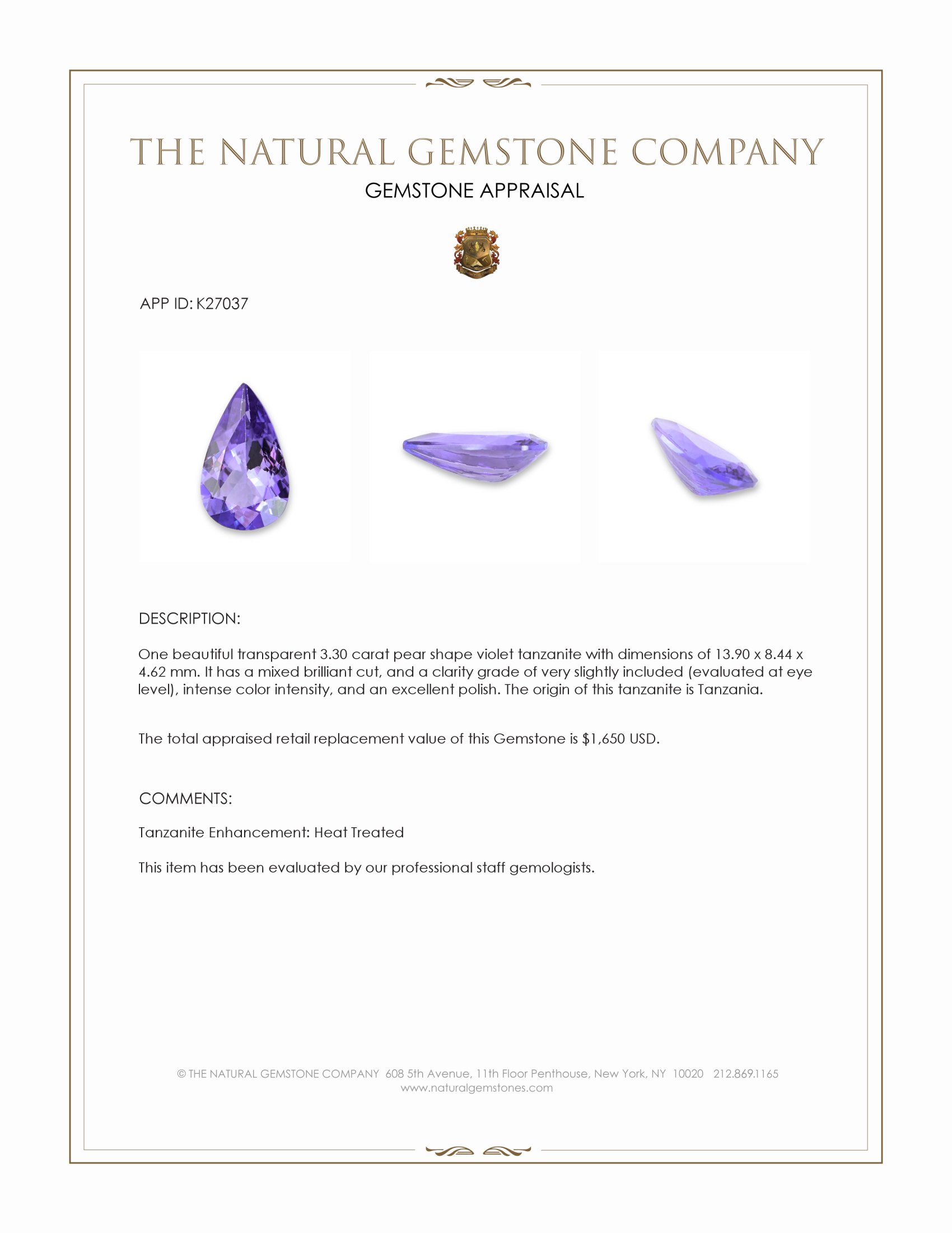 3.30 Ct. Violet Tanzanite from Tanzania