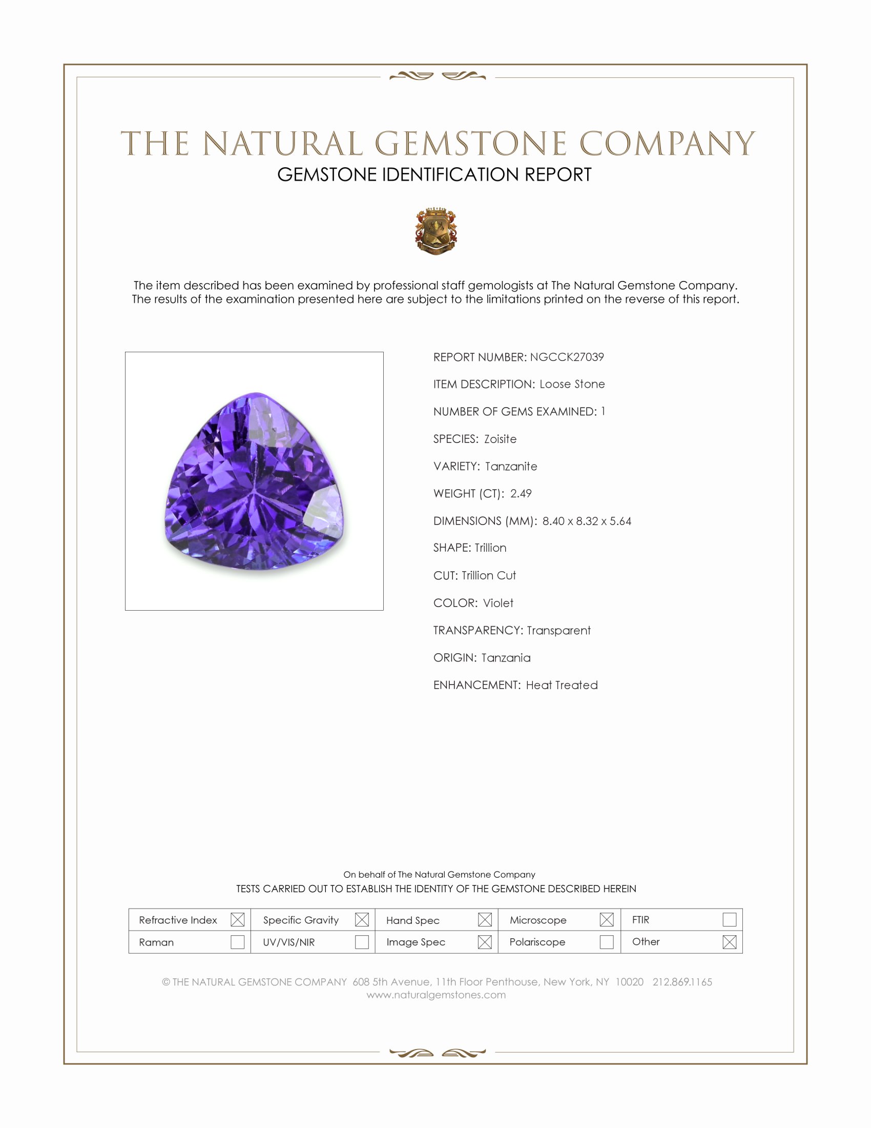 2.49 Ct. Violet Tanzanite from Tanzania