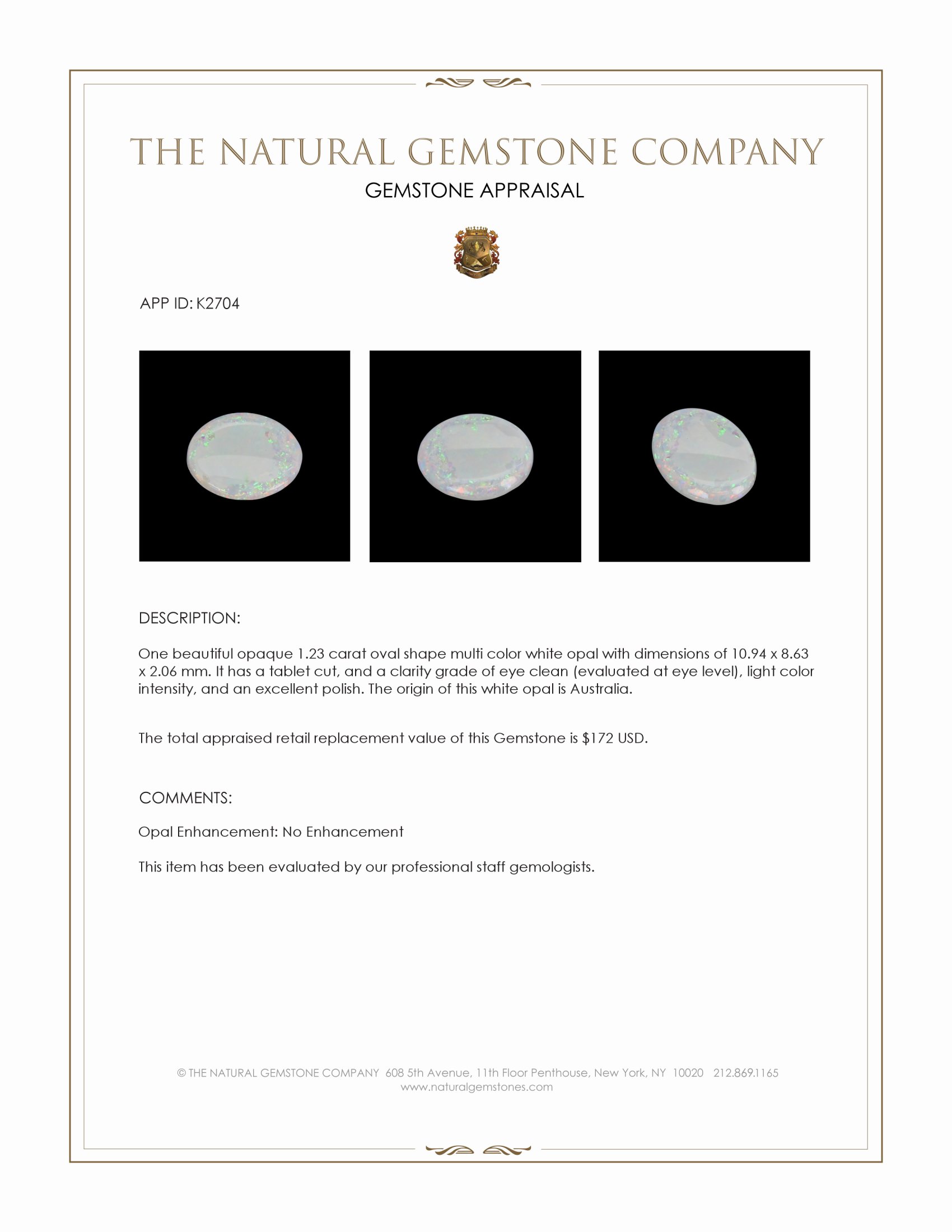 1.23 Ct. White Opal from Australia