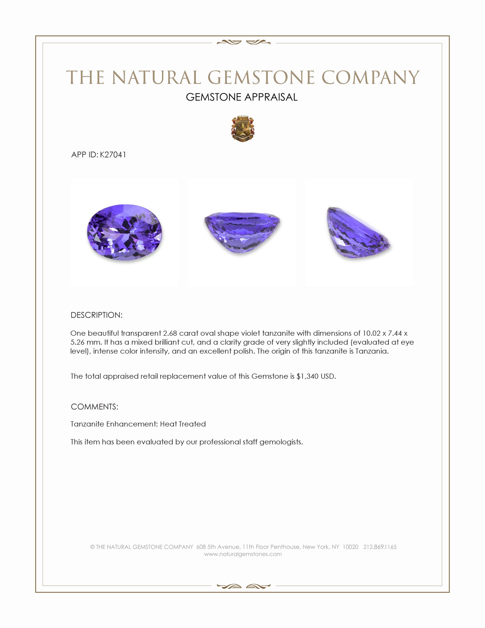 2.68 Ct. Violet Tanzanite from Tanzania