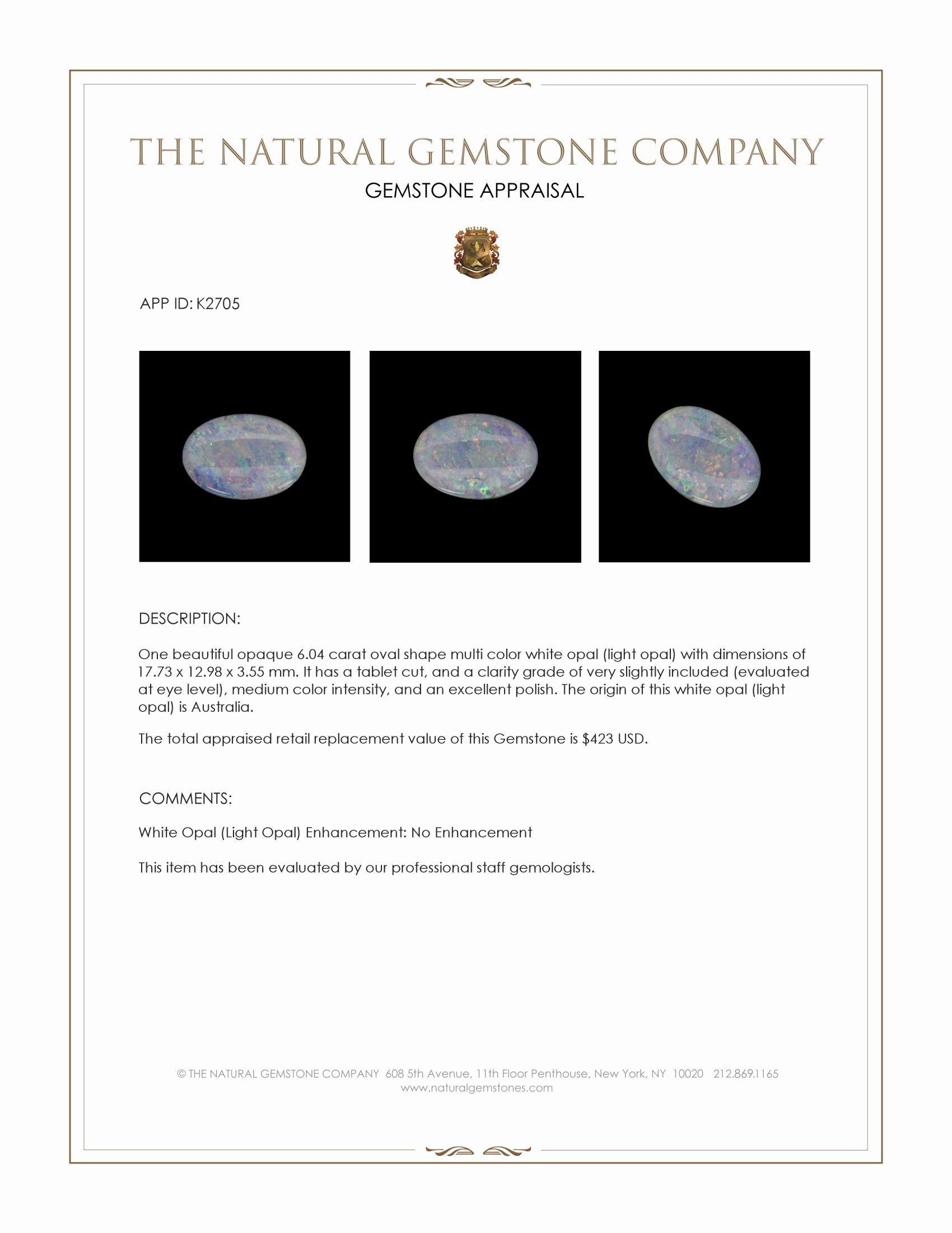 6.04 Ct. Multi Color White Opal (Light Opal) from Australia