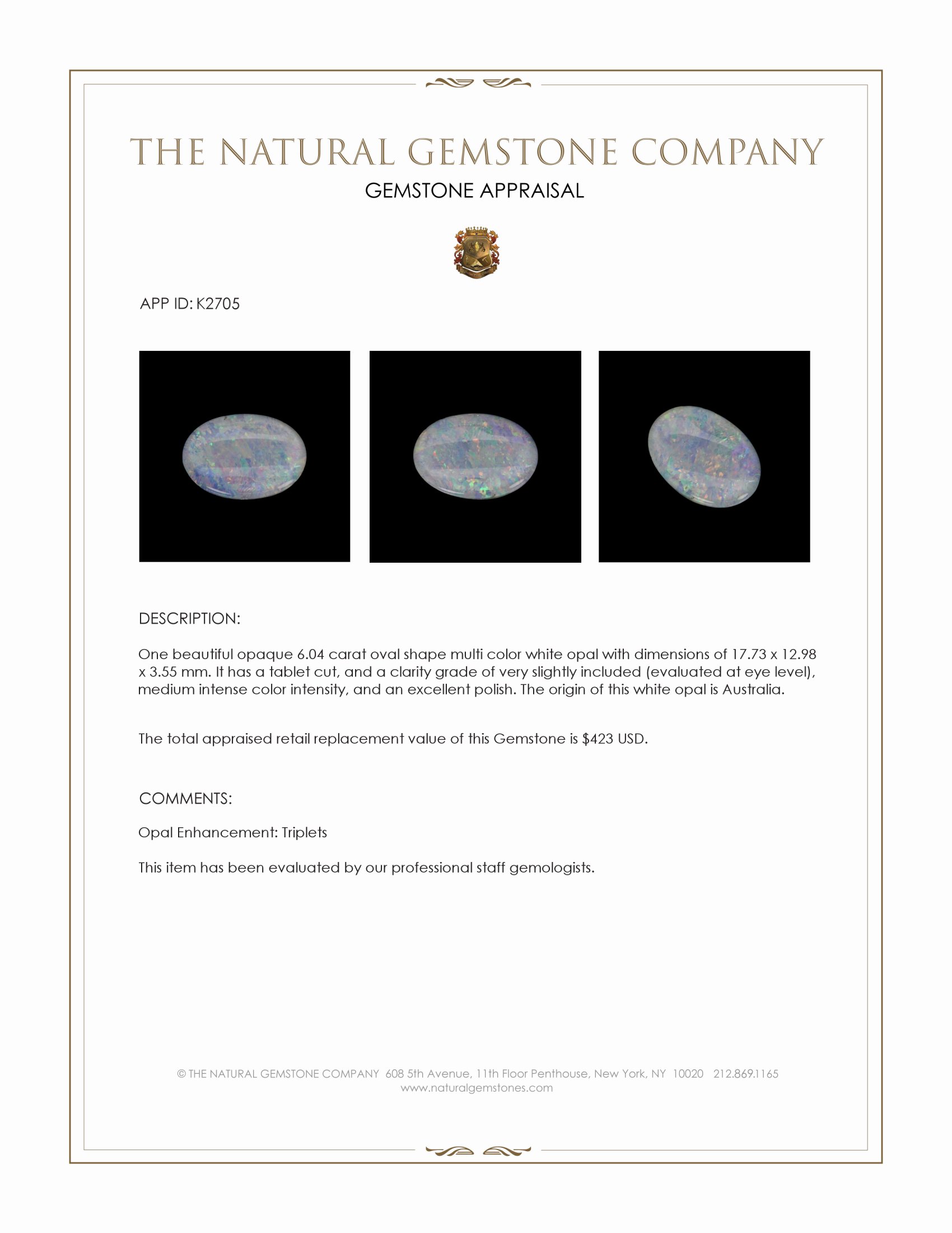 6.04 Ct. White Opal from Australia