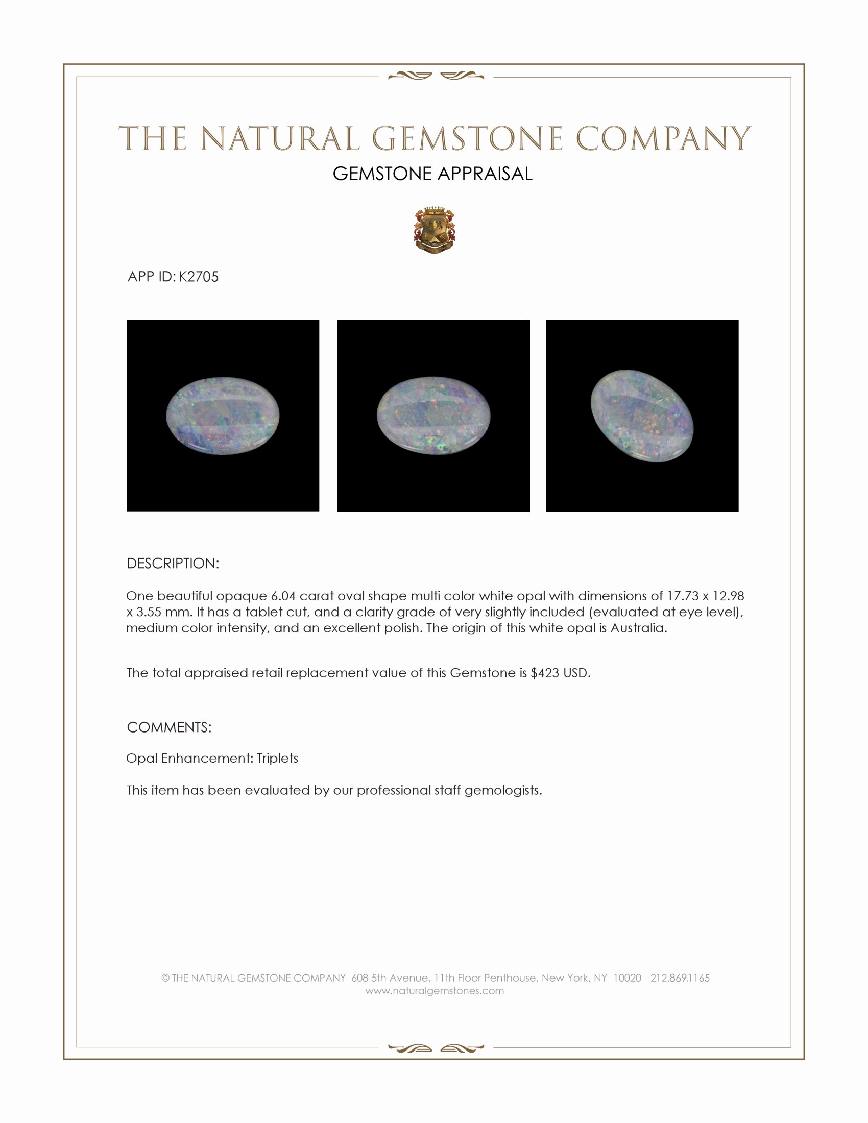 6.04 Ct. White Opal from Australia