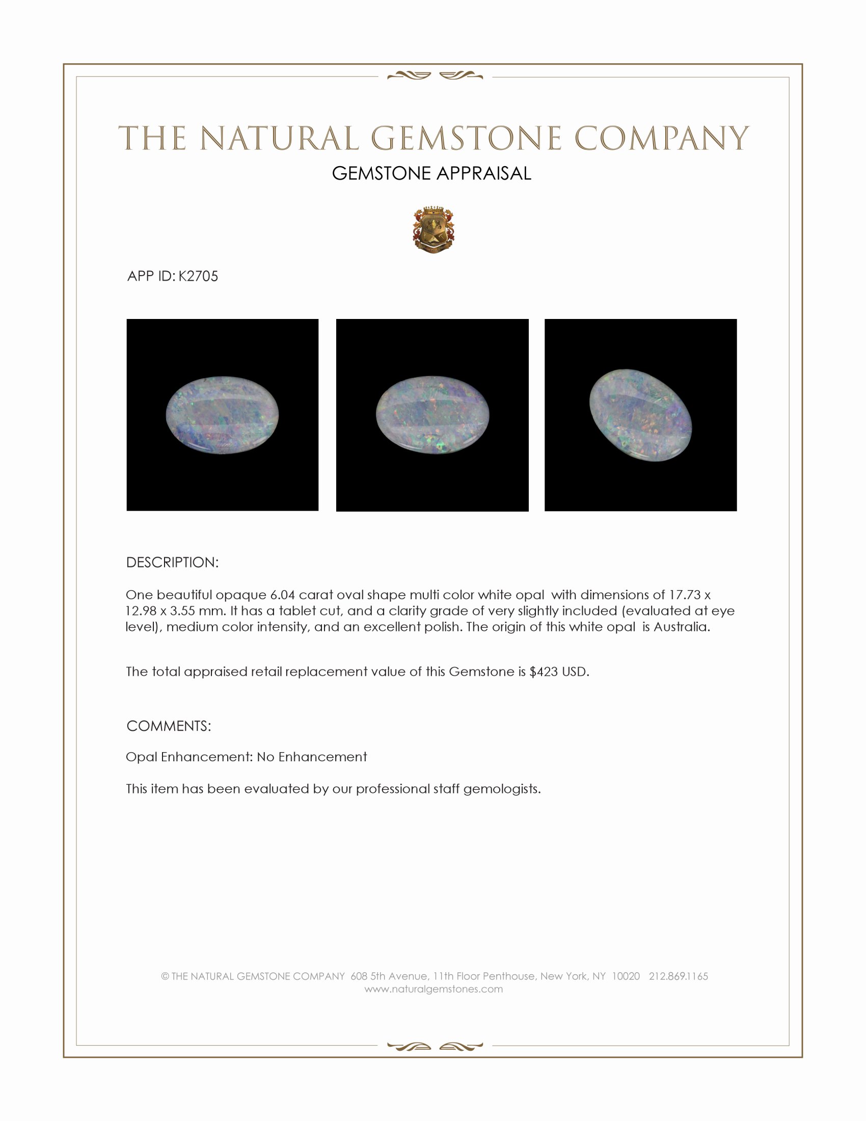 6.04 Ct. Multi Color White Opal (Light Opal) from Australia
