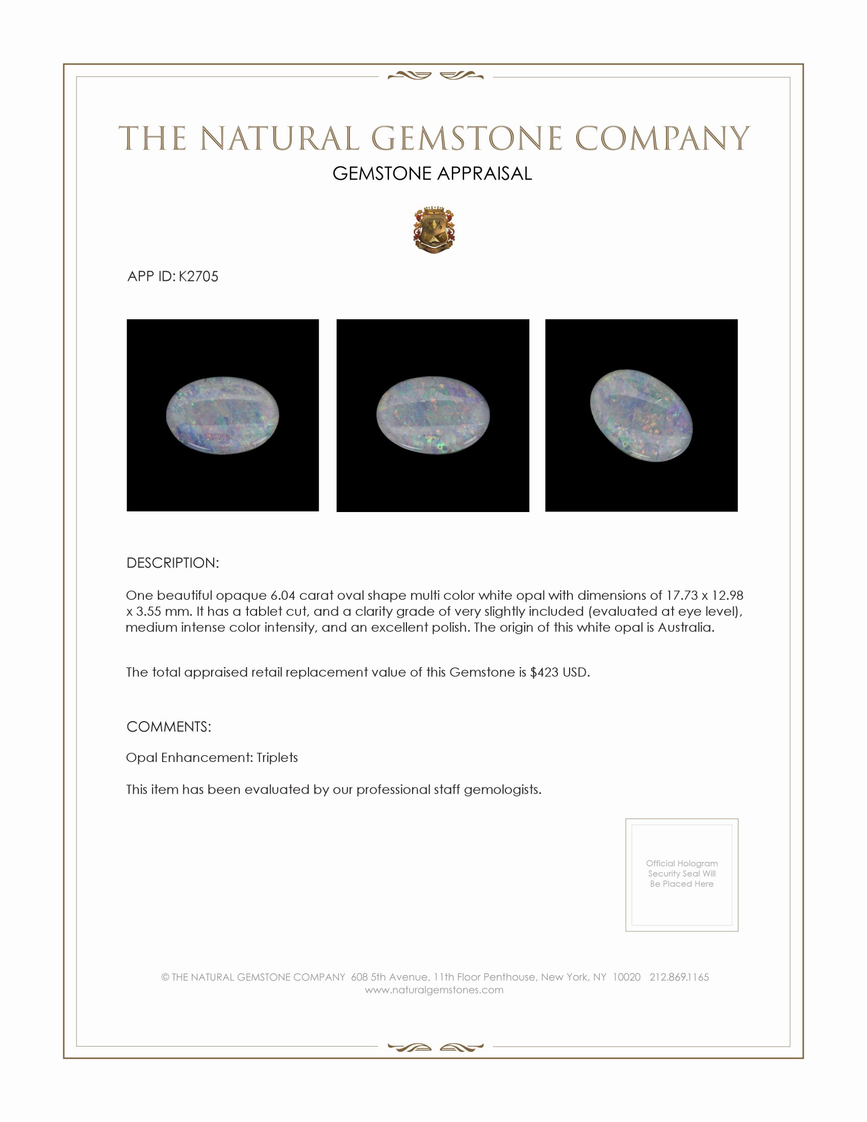 6.04 Ct. White Opal from Australia