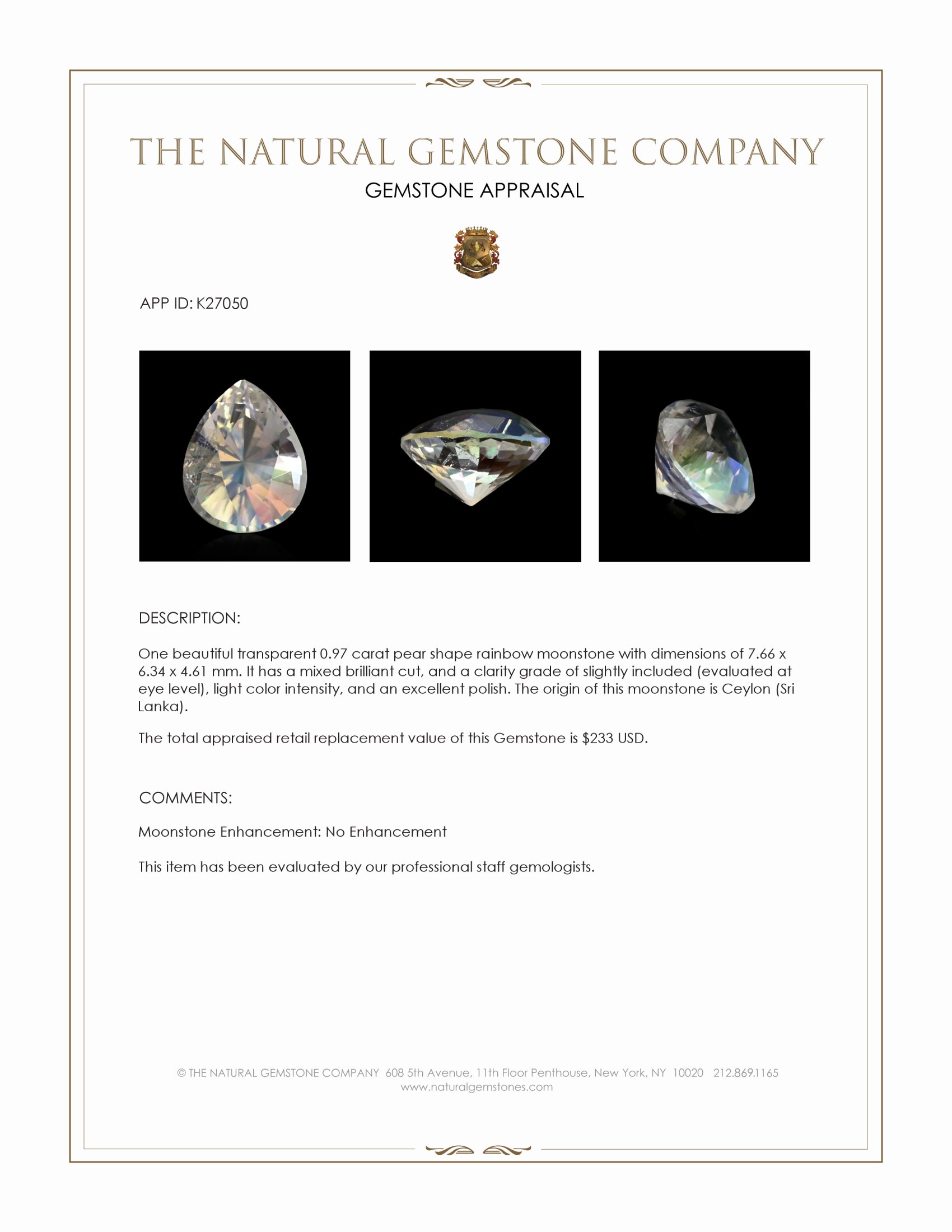 0.97 Ct. Rainbow Moonstone from Ceylon (Sri Lanka)