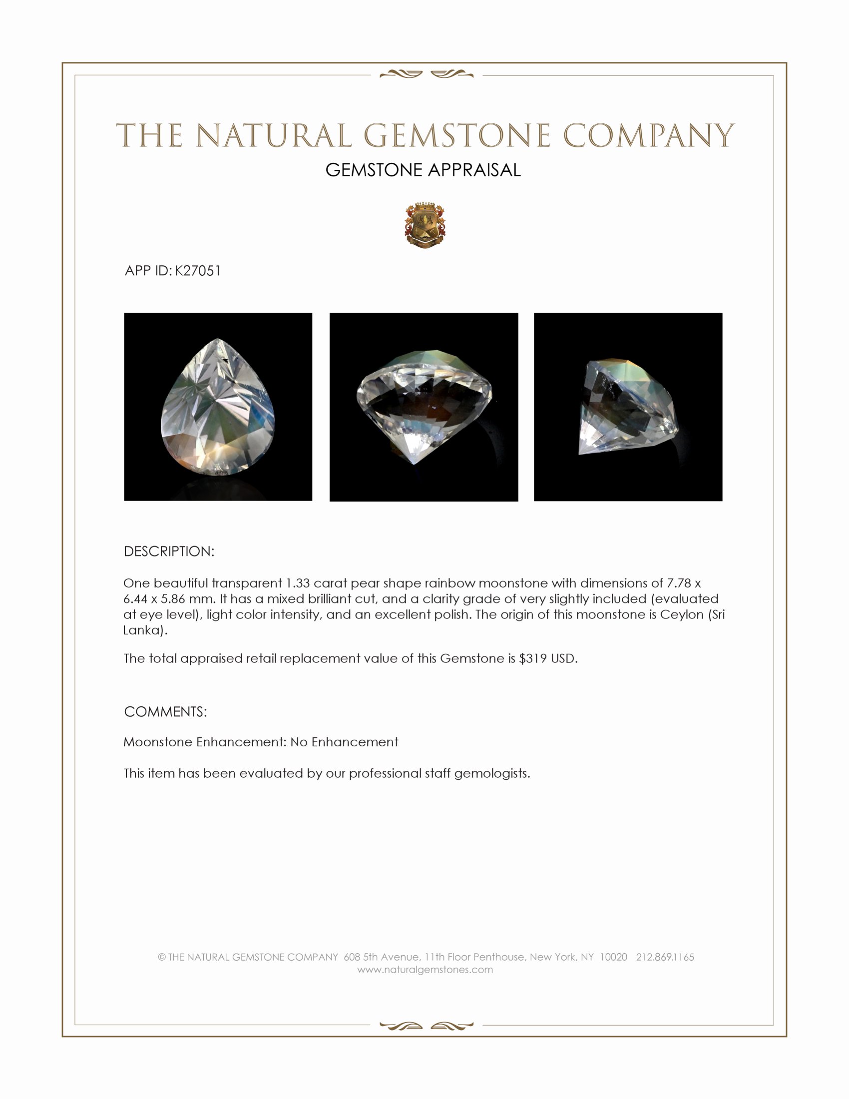 1.33 Ct. Rainbow Moonstone from Ceylon (Sri Lanka)