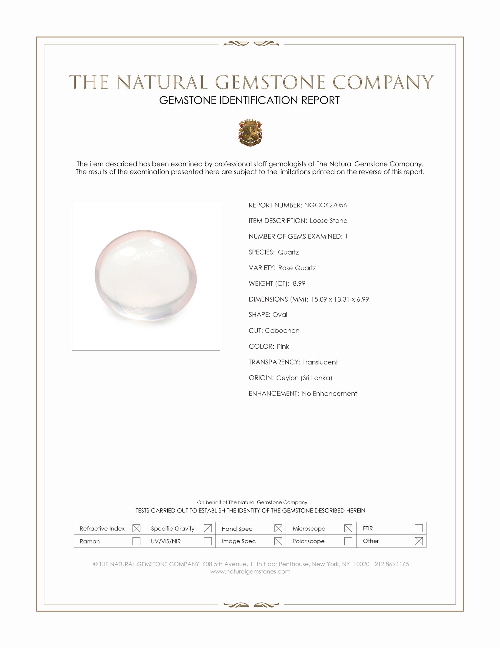 8.99 Ct. Pink Cabochon Rose Quartz from Ceylon (Sri Lanka)