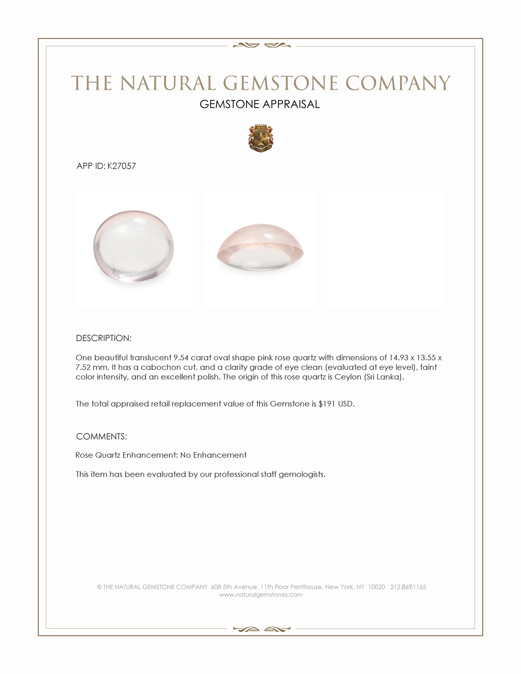 9.54 Ct. Pink Cabochon Rose Quartz from Ceylon (Sri Lanka)