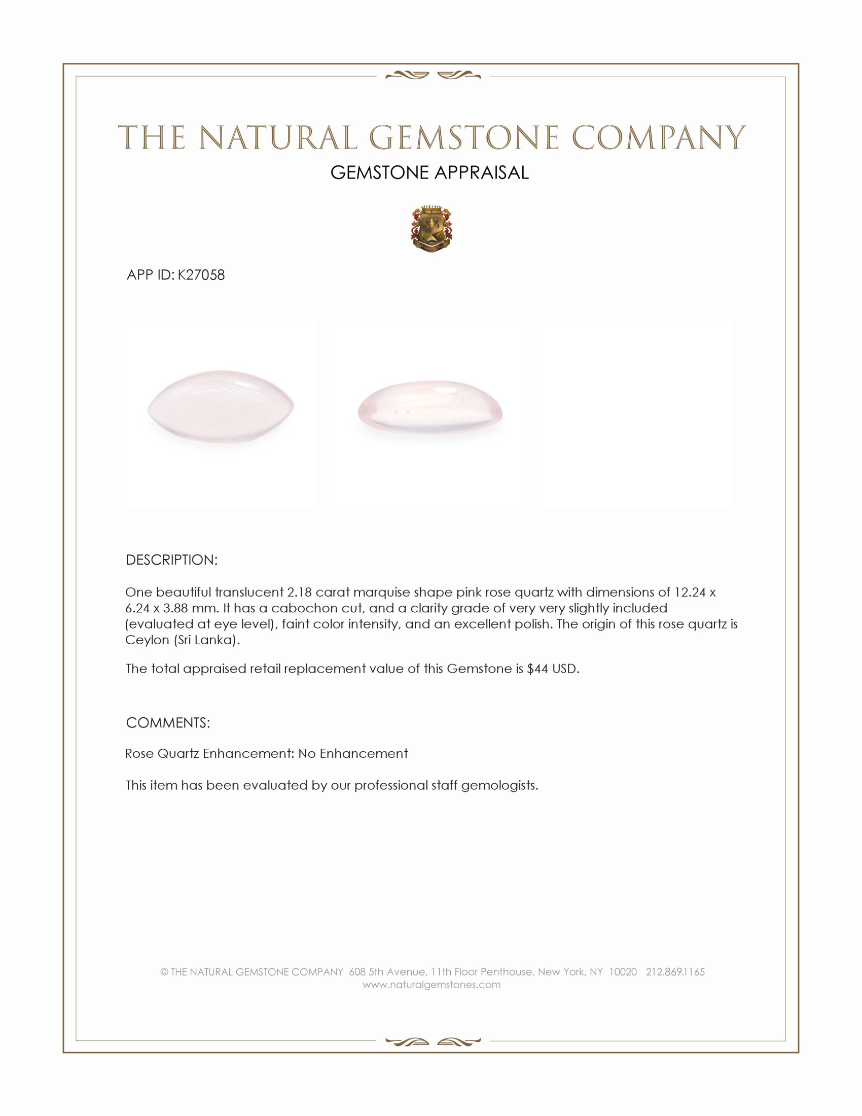 2.18 Ct. Pink Cabochon Rose Quartz from Ceylon (Sri Lanka)
