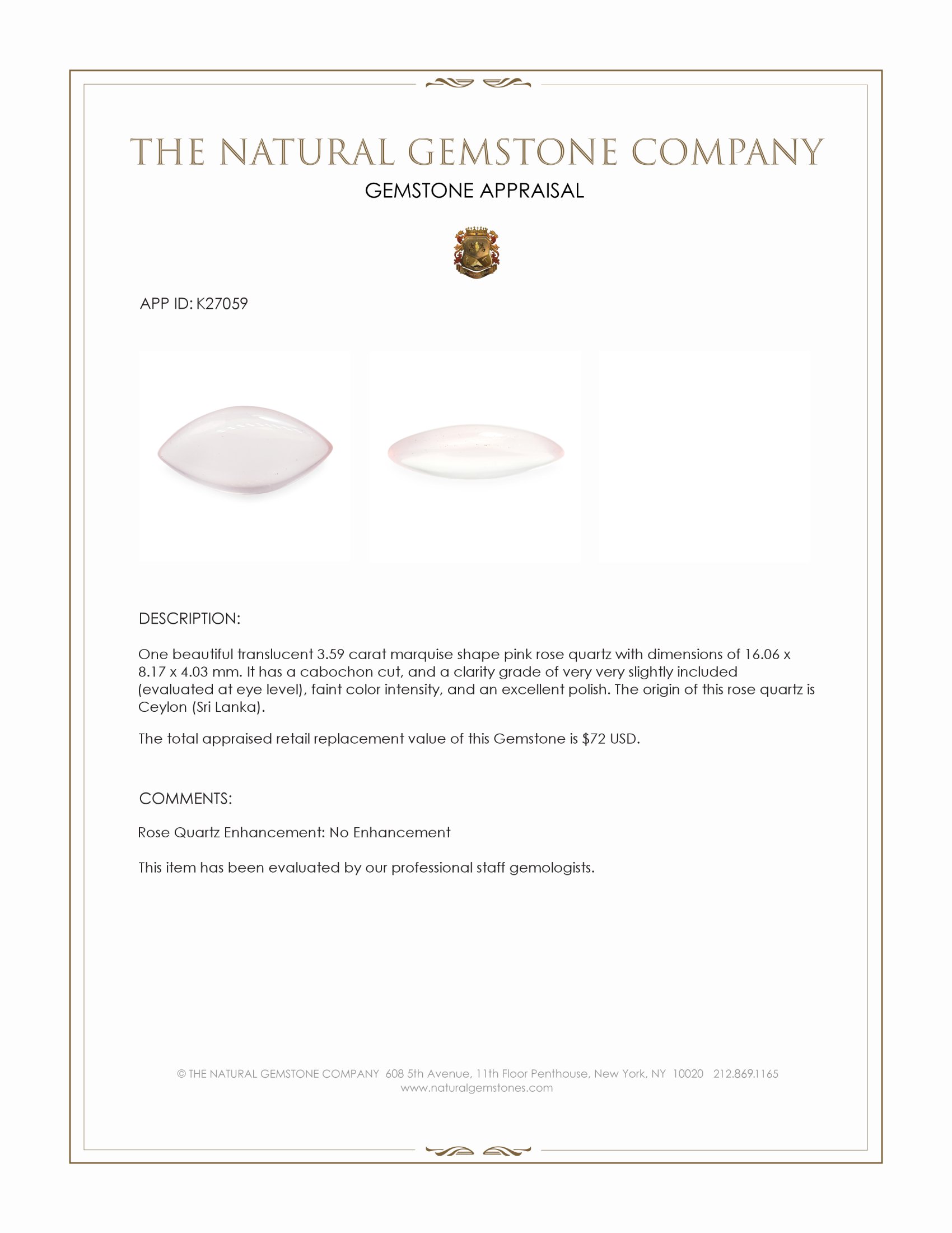 3.59 Ct. Pink Cabochon Rose Quartz from Ceylon (Sri Lanka)