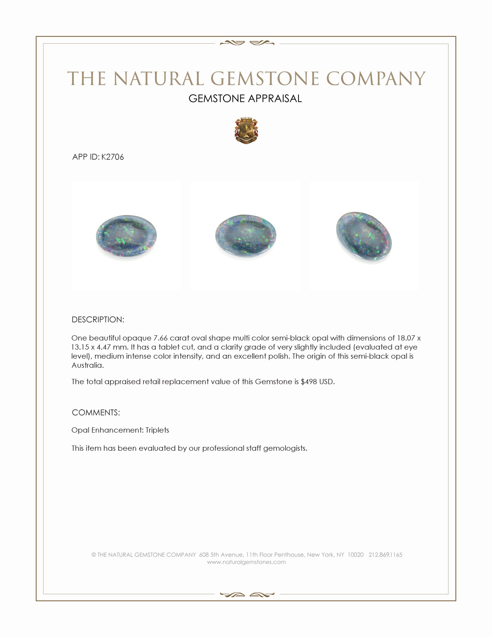 7.66 Ct. Semi-Black Opal from Australia