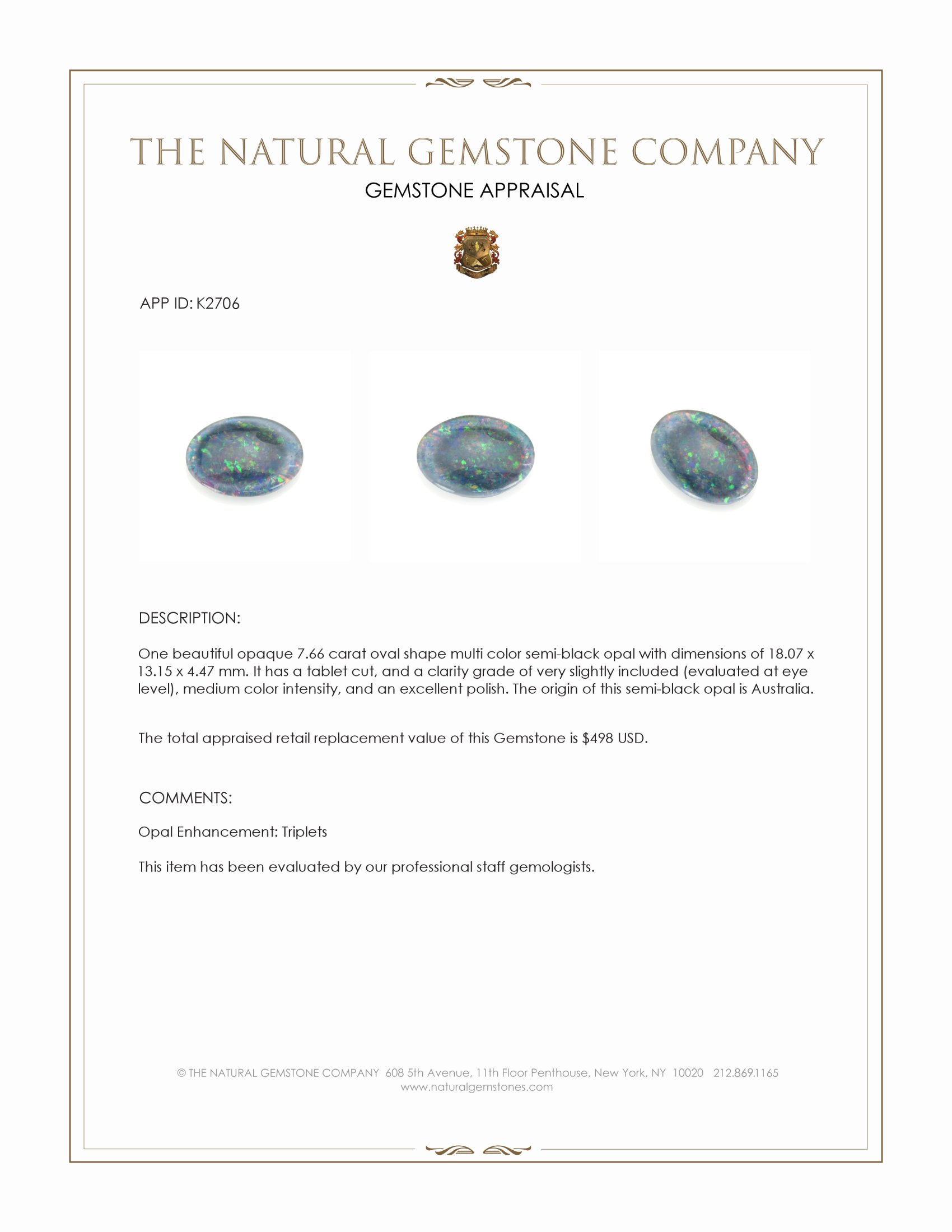 7.66 Ct. Semi-Black Opal from Australia