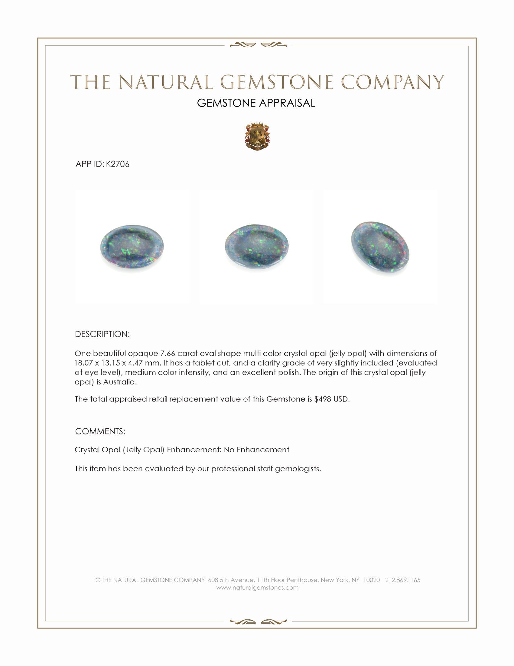 7.66 Ct. Multi Color Crystal Opal (Jelly Opal) from Australia