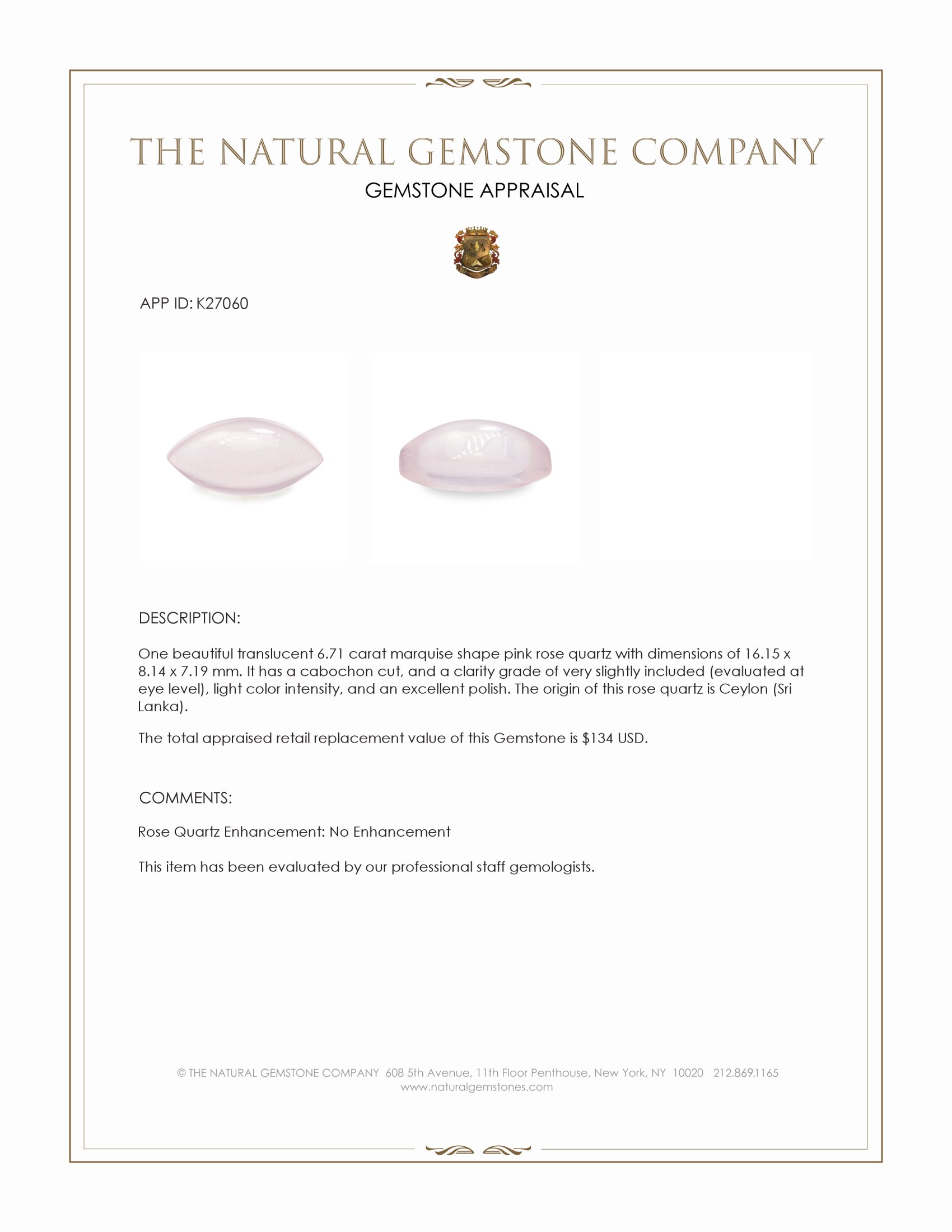 6.71 Ct. Pink Cabochon Rose Quartz from Ceylon (Sri Lanka)