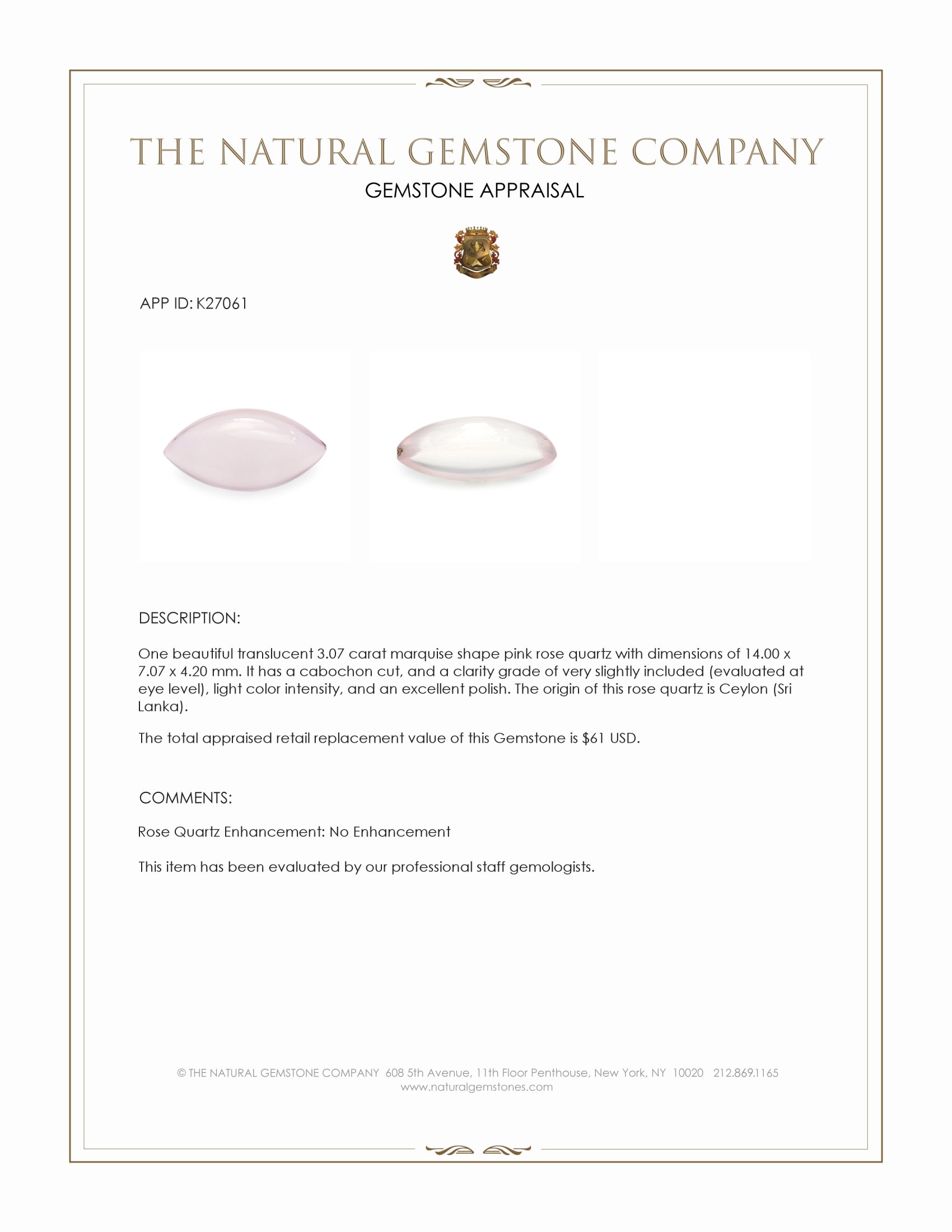 3.07 Ct. Pink Cabochon Rose Quartz from Ceylon (Sri Lanka)