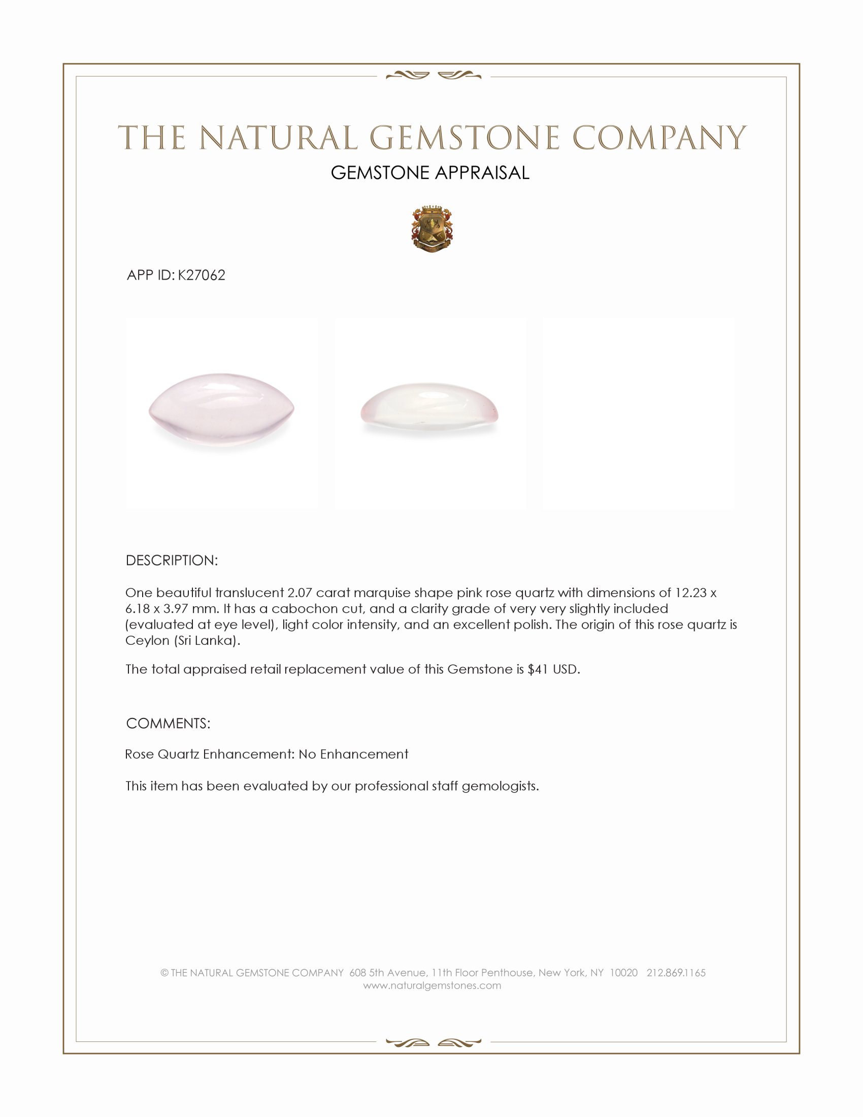 2.07 Ct. Pink Cabochon Rose Quartz from Ceylon (Sri Lanka)