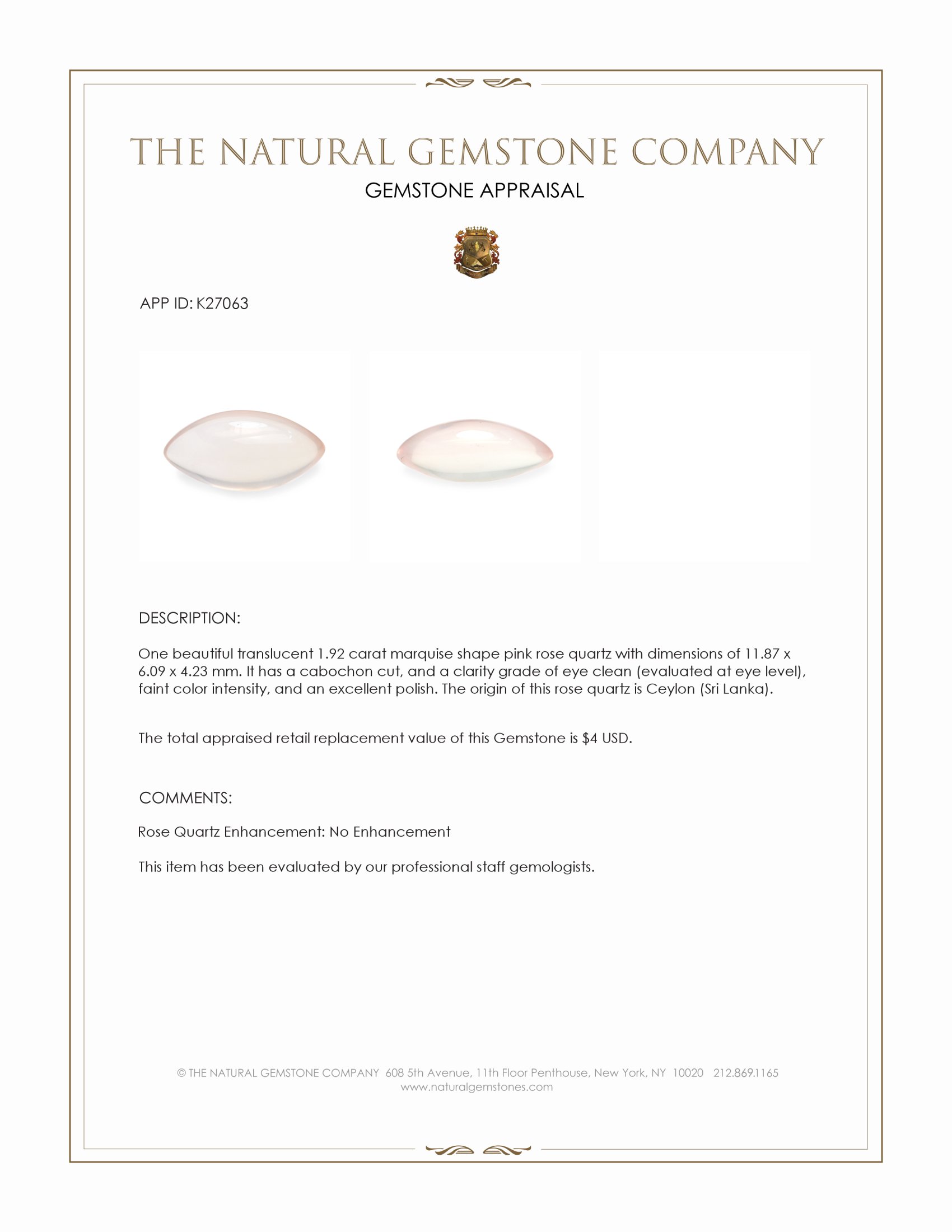 1.92 Ct. Pink Cabochon Rose Quartz from Ceylon (Sri Lanka)