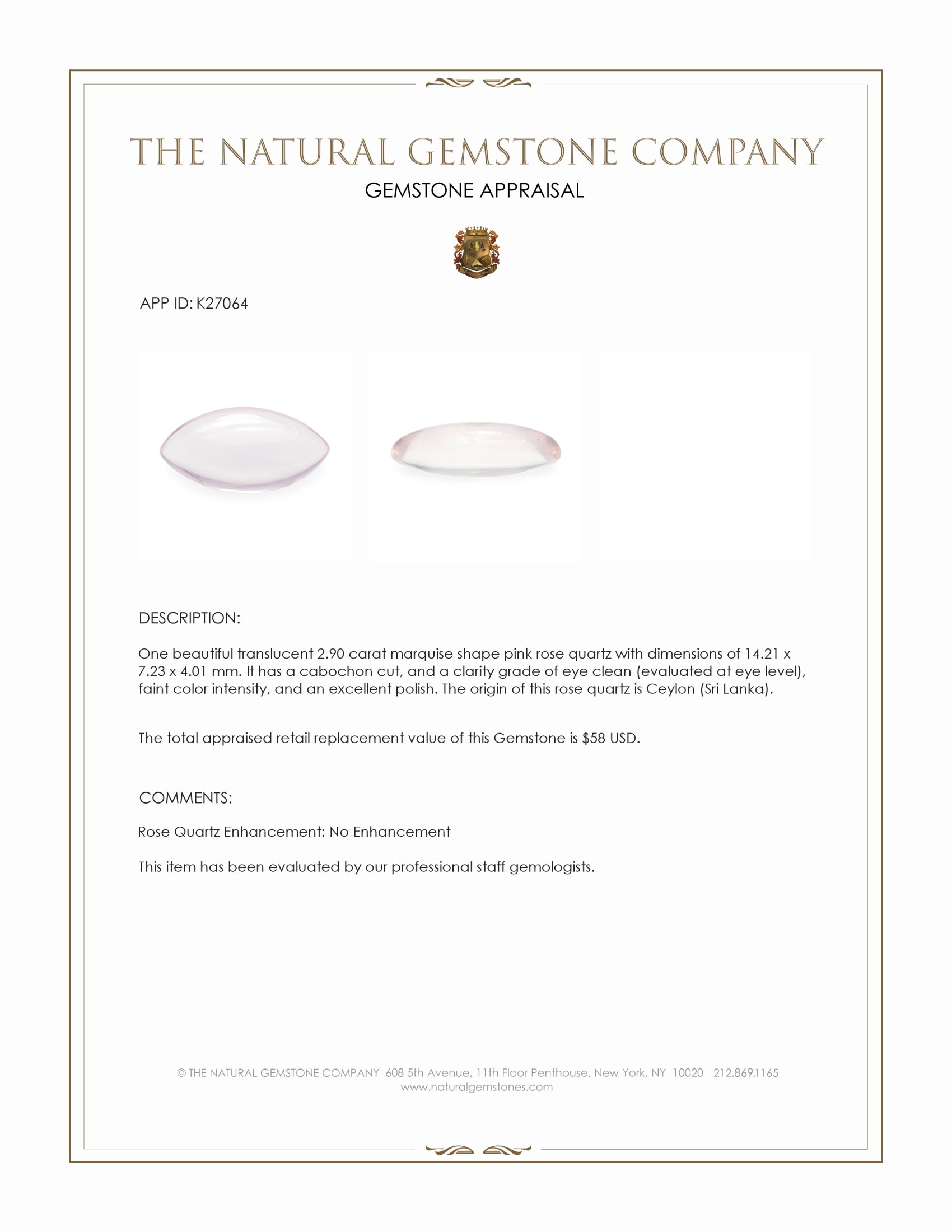 2.90 Ct. Pink Cabochon Rose Quartz from Ceylon (Sri Lanka)