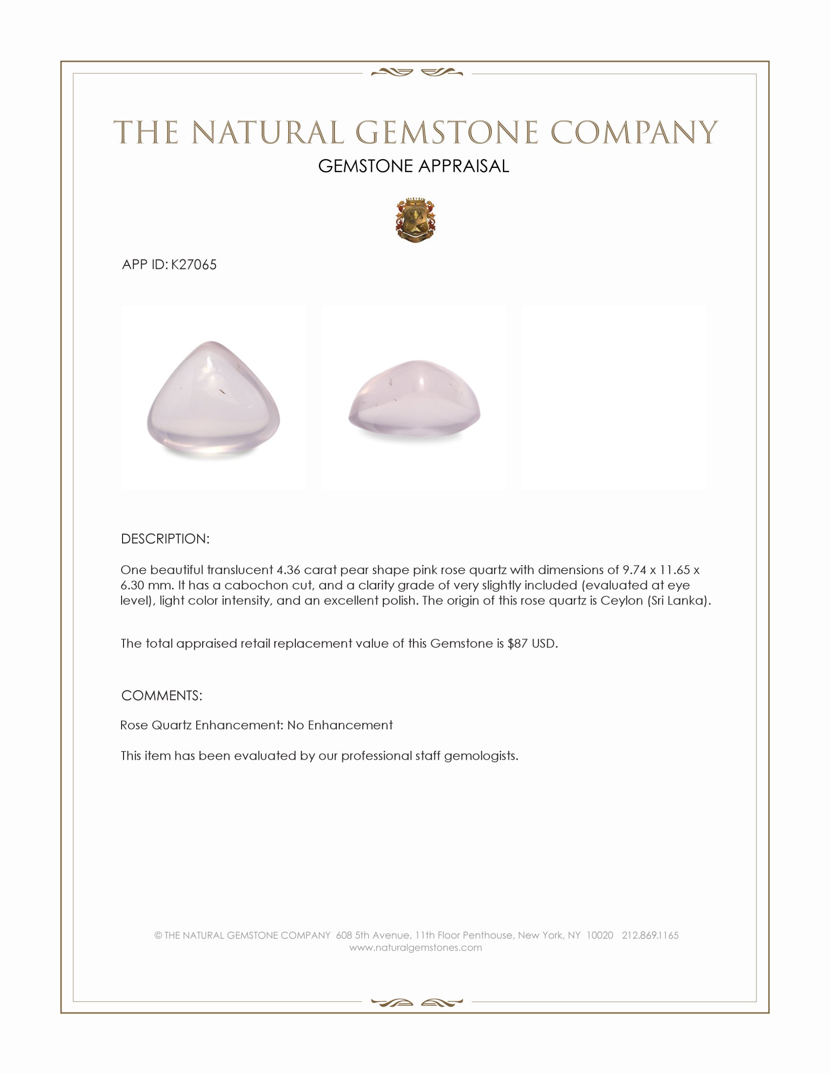 4.36 Ct. Pink Cabochon Rose Quartz from Ceylon (Sri Lanka)