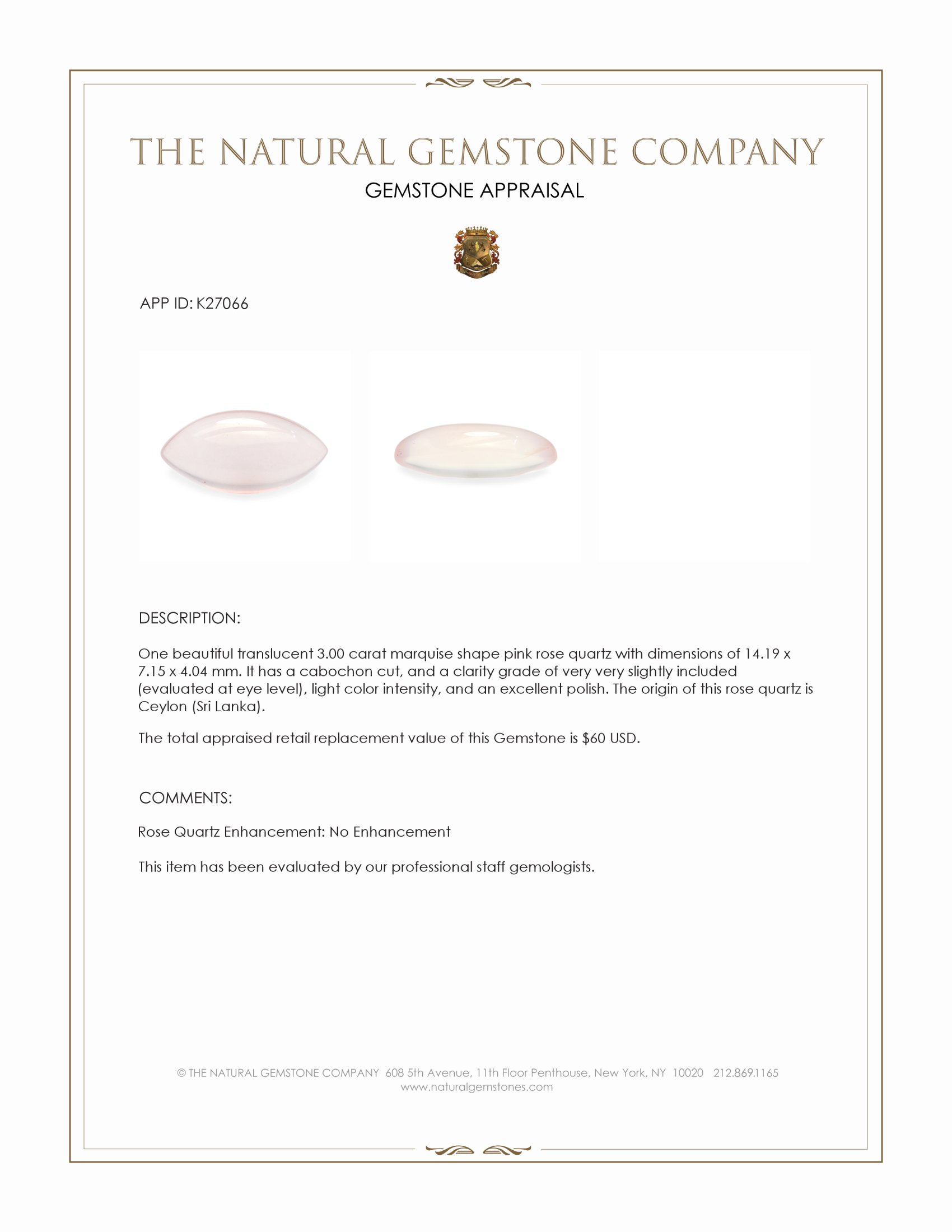 3.00 Ct. Pink Cabochon Rose Quartz from Ceylon (Sri Lanka)