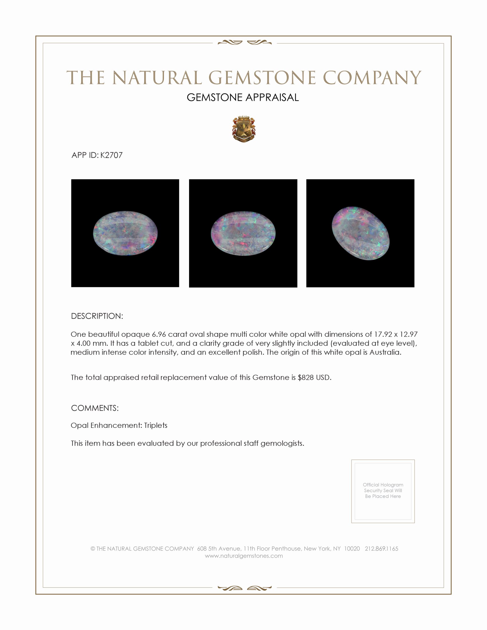6.96 Ct. Multi Color White Opal (Light Opal) from Australia