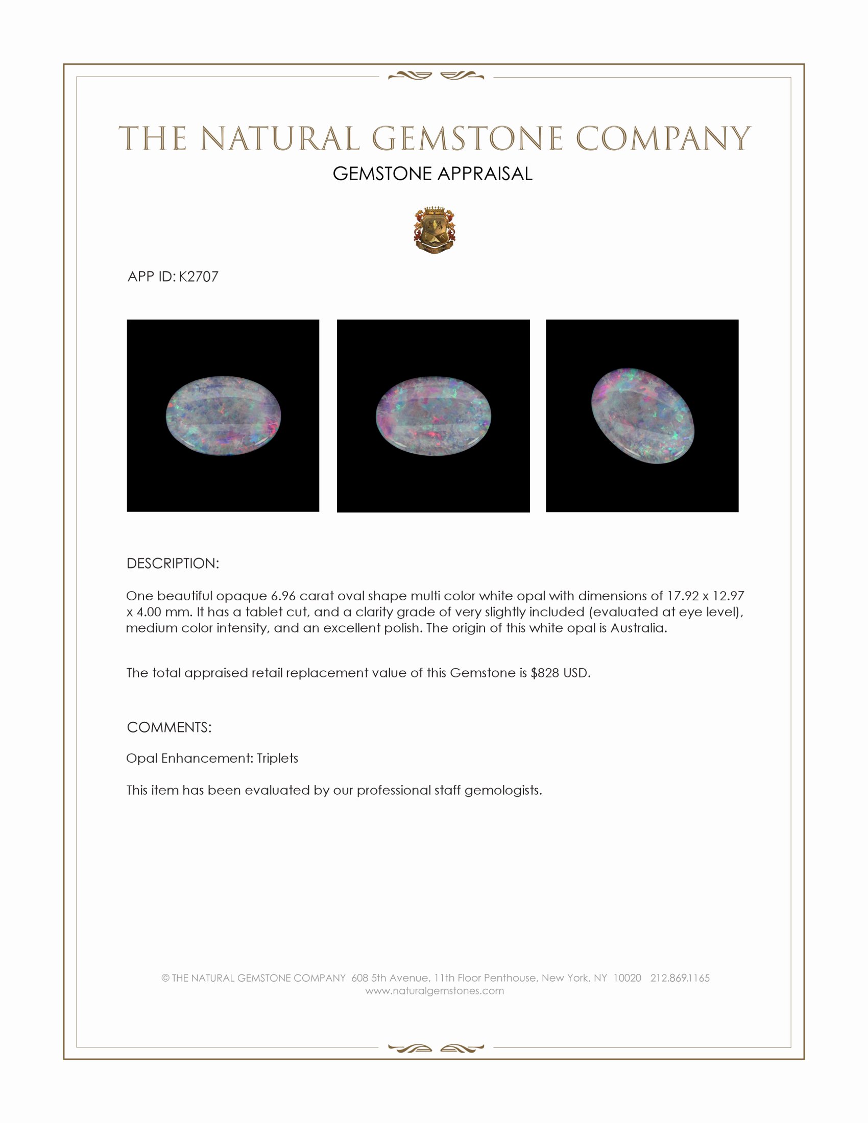 6.96 Ct. White Opal from Australia