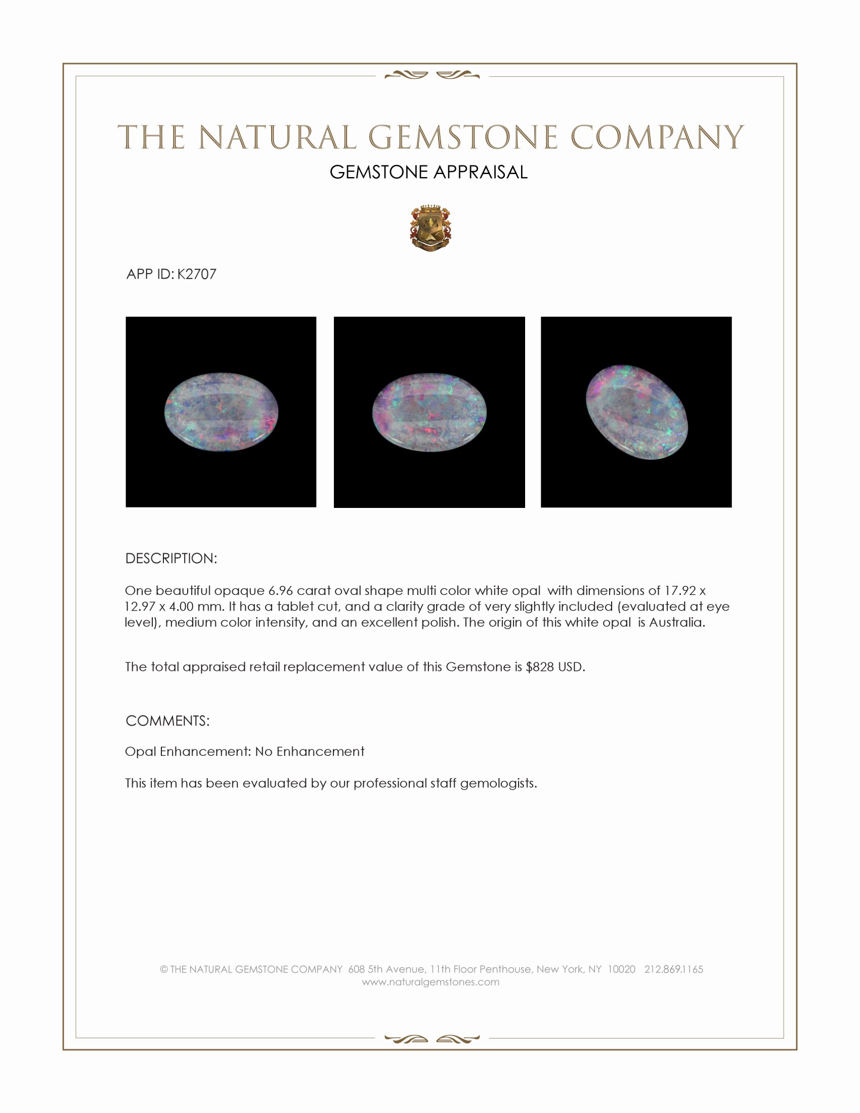 6.96 Ct. Multi Color White Opal (Light Opal) from Australia