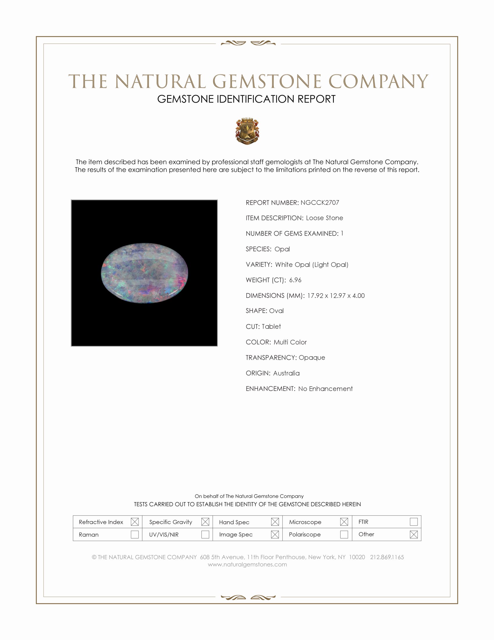 6.96 Ct. Multi Color White Opal (Light Opal) from Australia