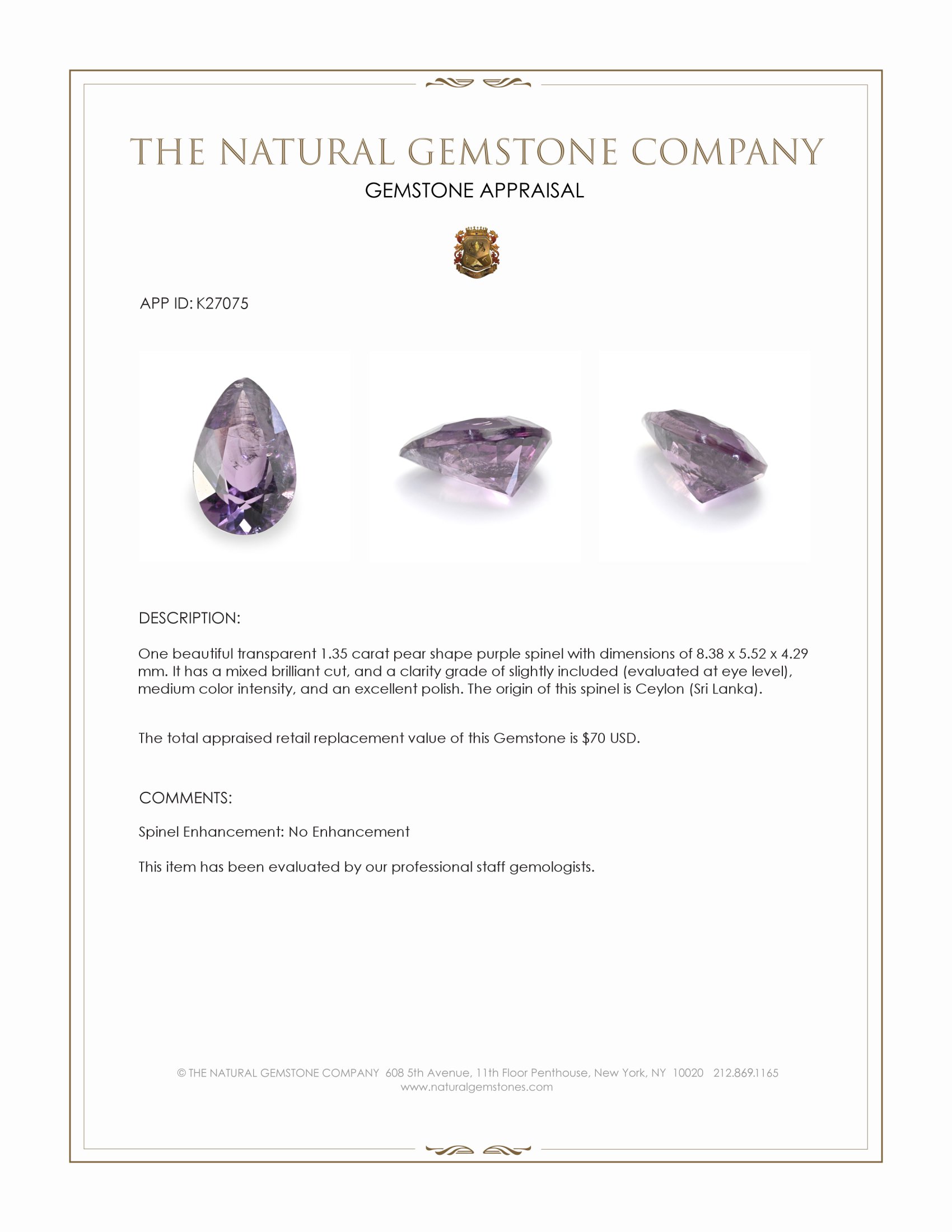 1.35 Ct. Purple Spinel from Ceylon (Sri Lanka)