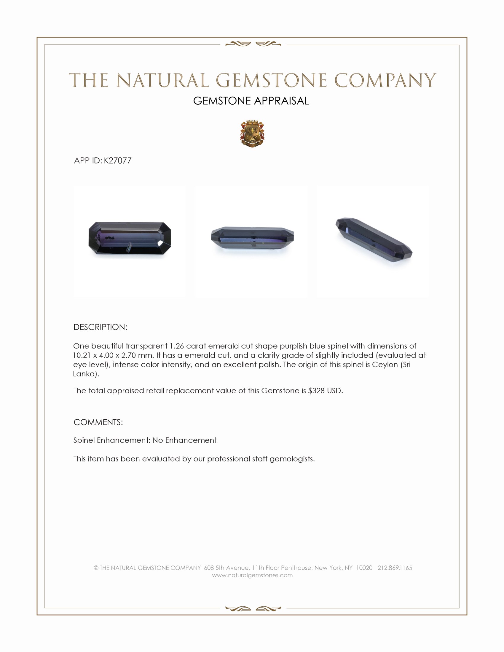 1.26 Ct. Purplish Blue Spinel from Ceylon (Sri Lanka)