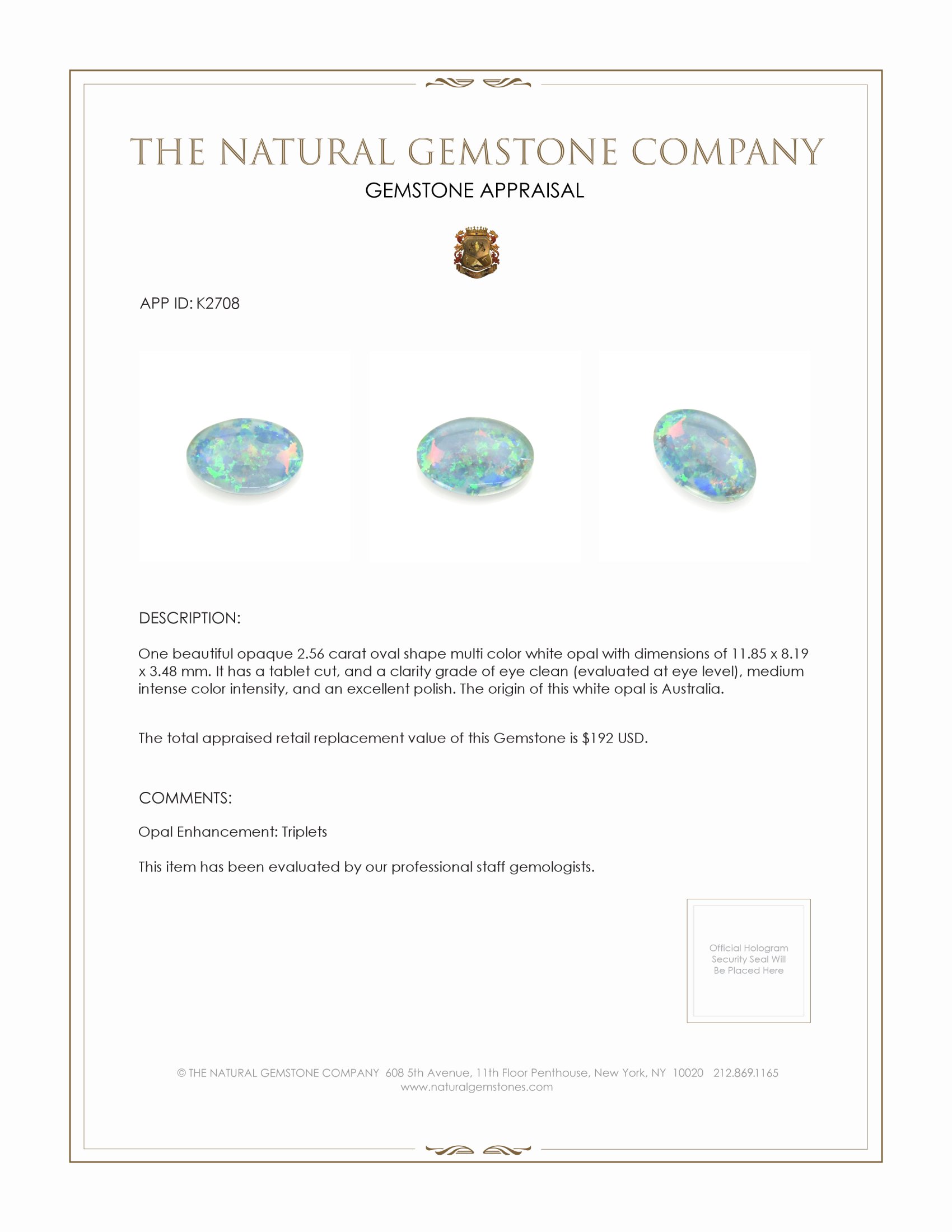 2.56 Ct. White Opal from Australia