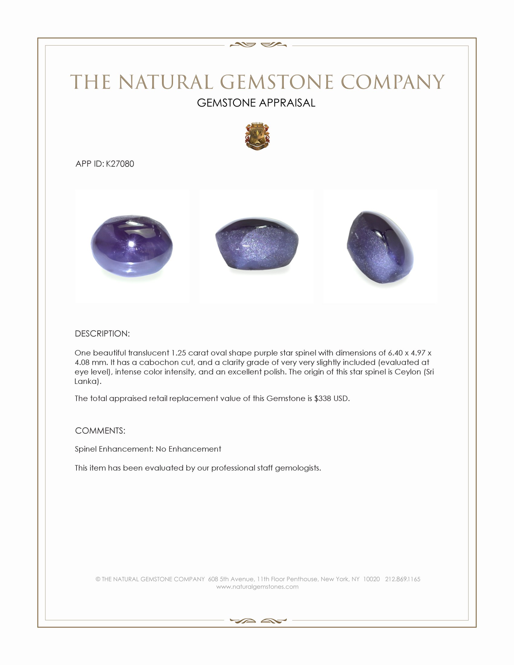 1.25 Ct. Purple Star Spinel from Ceylon (Sri Lanka)