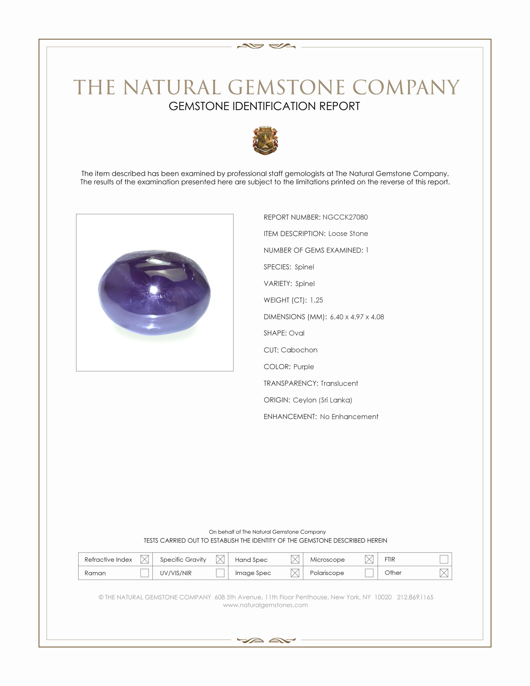 1.25 Ct. Purple Star Spinel from Ceylon (Sri Lanka)