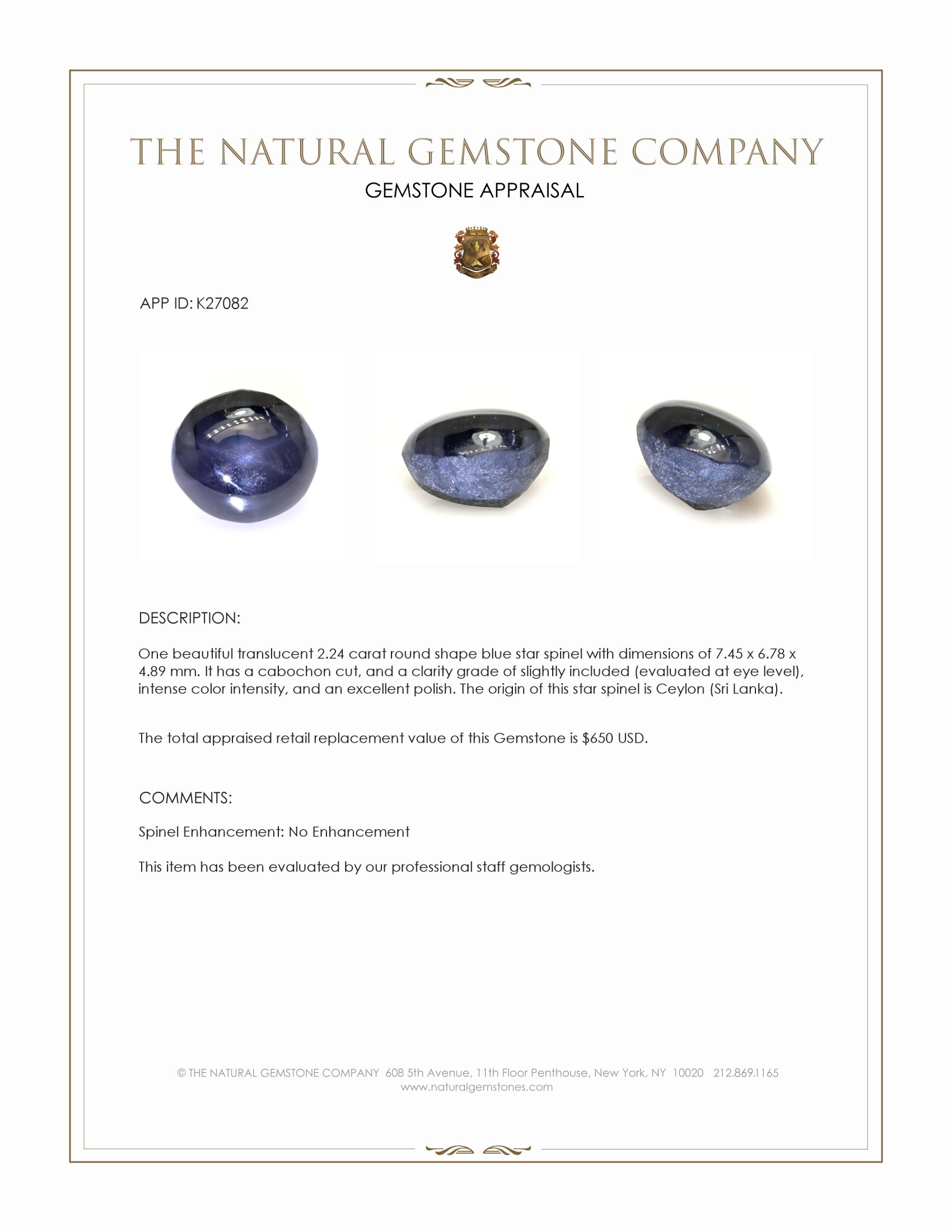 2.24 Ct. Blue Star Spinel from Ceylon (Sri Lanka)